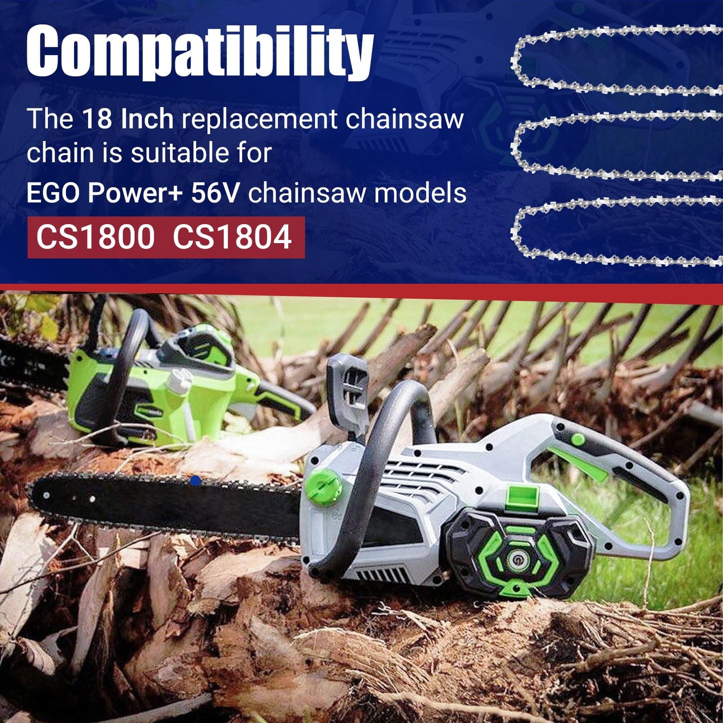 18 Inch Chainsaw Chain 3/8" LP Pitch 62 Drive Links Replacement for EGO AC1800, 18" Chain Saw Chains Fit for EGO CS1800, CS1803, CS1804 DCCS672B Chainsaw (3Pcs)
