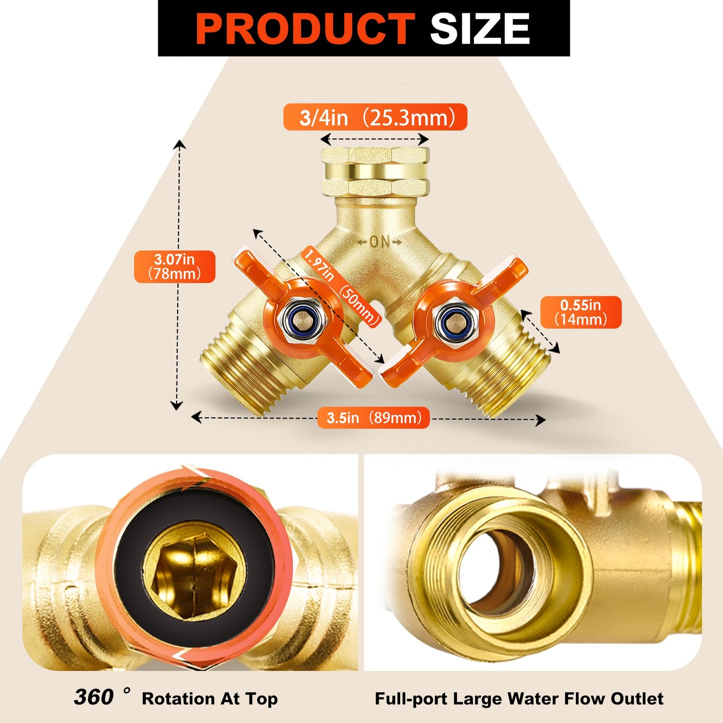 Garden Hose Splitter Full Flow 2 Way Brass Hose Splitter Heavy Duty All Metal Hose Y Splitter with Shutoff Outdoor Faucet Water Hose Splitter Y Valve Tap Adapter for Outdoor Garden