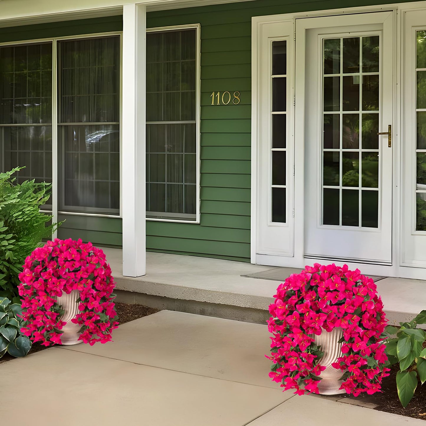 INXUGAO 2 pcs Artificial Faux Bougainvillea Flowers Plants for Outdoor Outside Summer Decoration, Fake Silk UV Resistant Long Trailing Vines for Front Door Porch Planter Balcony (Purple Rose Red)