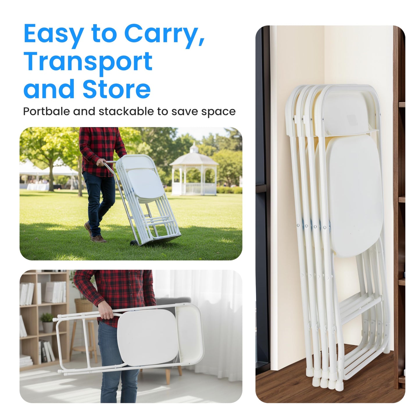HealSmart 10-Pack Plastic Folding Chair, Portable Chair with Metal Frame, 330lb Capacity, Foldable and Stackable Chairs for Wedding, Party, Picnic, Office, Indoor/Outdoor Dining, White