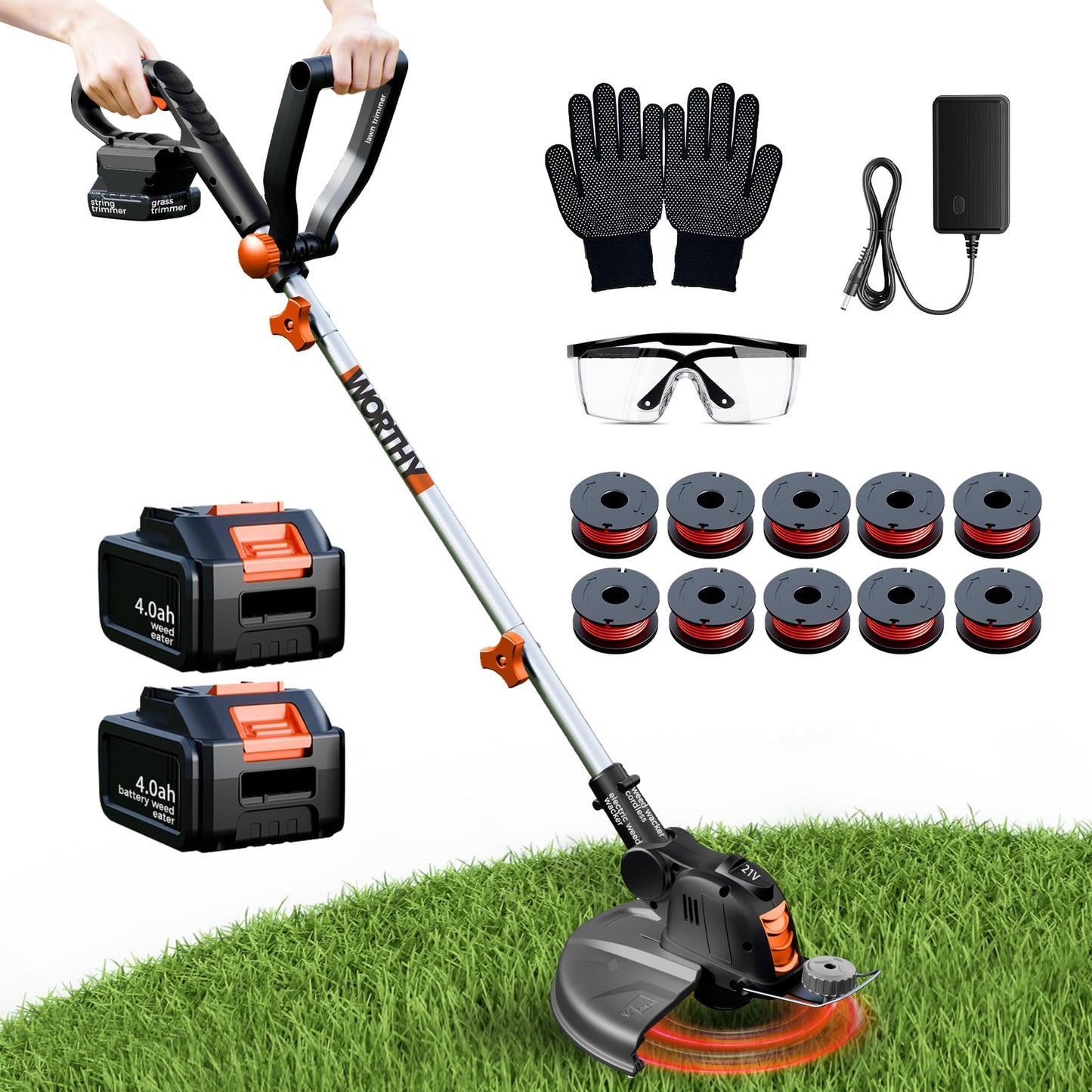 Electric Weed Wacker String Trimmer:2 x 4.0Ah Batteries Cordless Weed Eater 21V Battery Powered with 12" Cutting Width, Eco Friendly Grass Cutter Edger Lawn Tool with Fast Charger