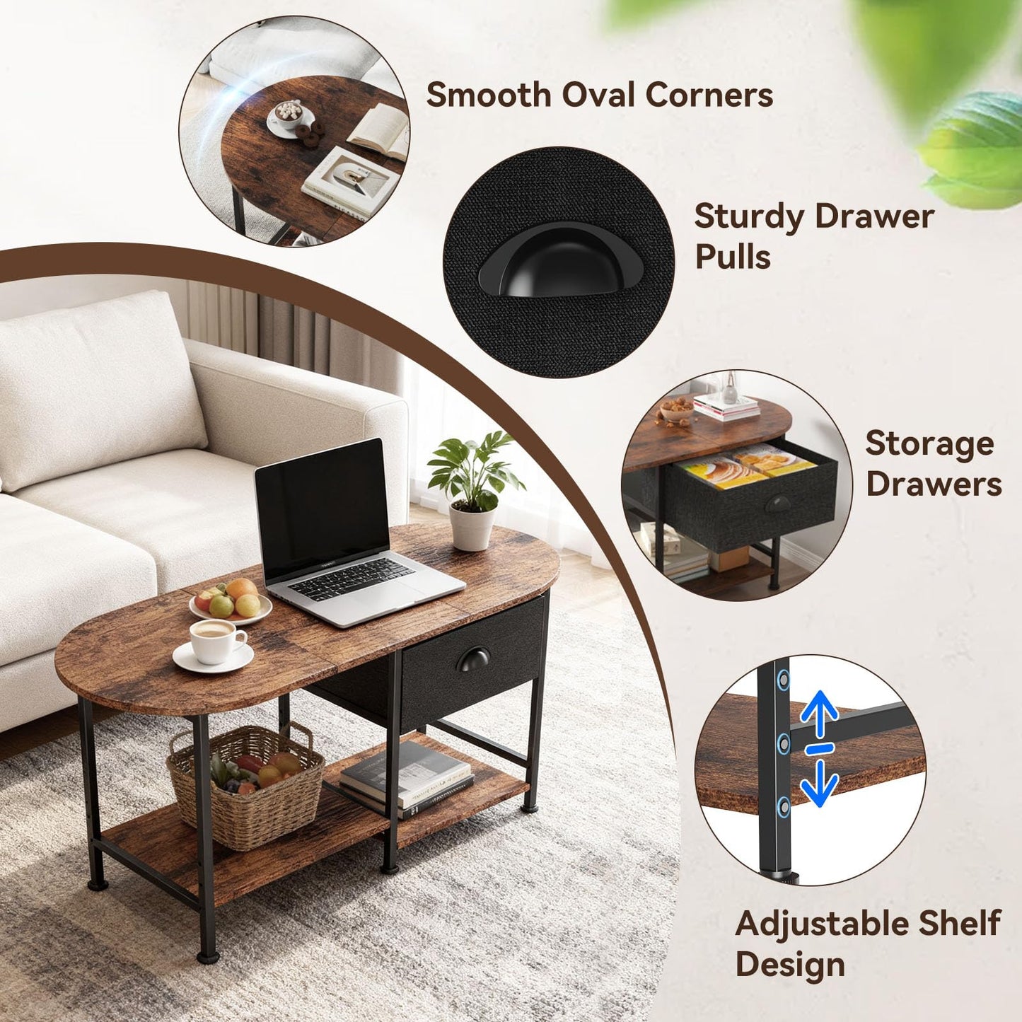 37" Oval Small Coffee Table with Storage,Modern Wood Living Room Center Table for Small Space,Apartment,Home Office,Drawer & Open Shelves,Easy Assembly,Rustic Brown