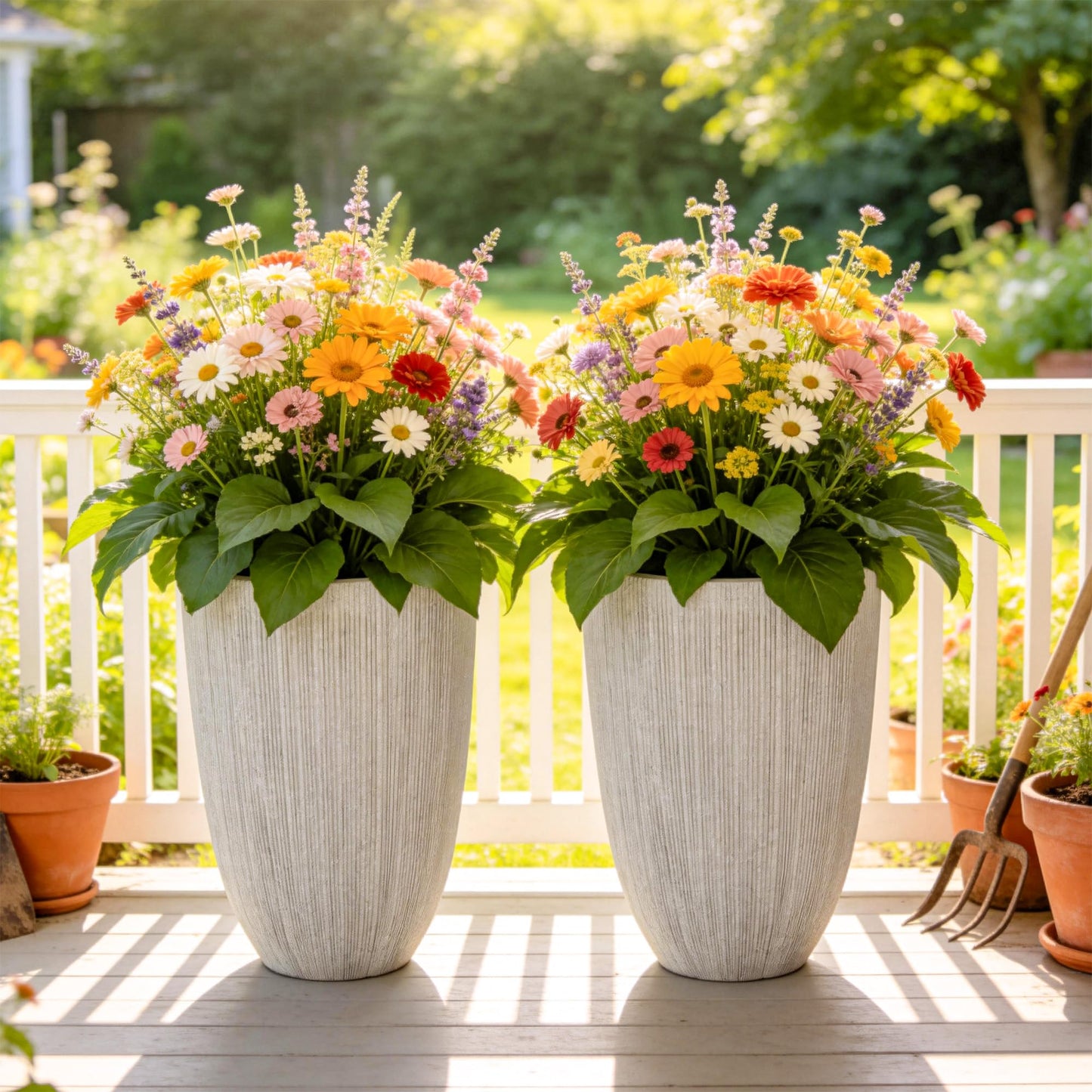 Ultym 19" Tall Beige Fluted Planters for Indoor & Outdoor, Set of 2 Large Mediterranean-Style Resin Flower Pots with Drainage Holes, UV & Weather Resistant for Patio Porch Home Office Decor