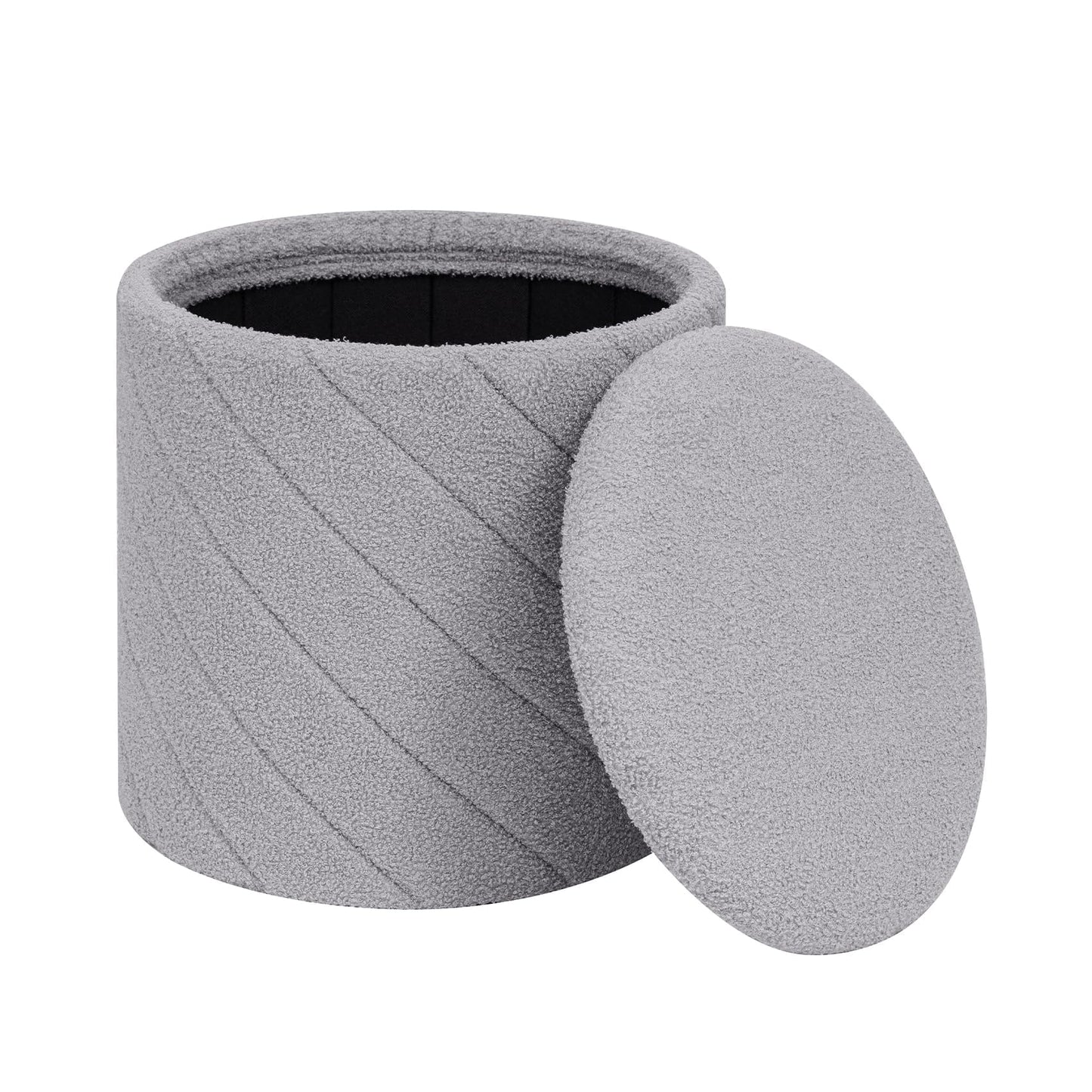 PINPLUS Ottoman with Stroage Round Boucle Ottoman and Tray Sherpa Removable Foot Stool Coffee Table for Dorm, Living Room Grey, 16.9"x16.9"x17.7"