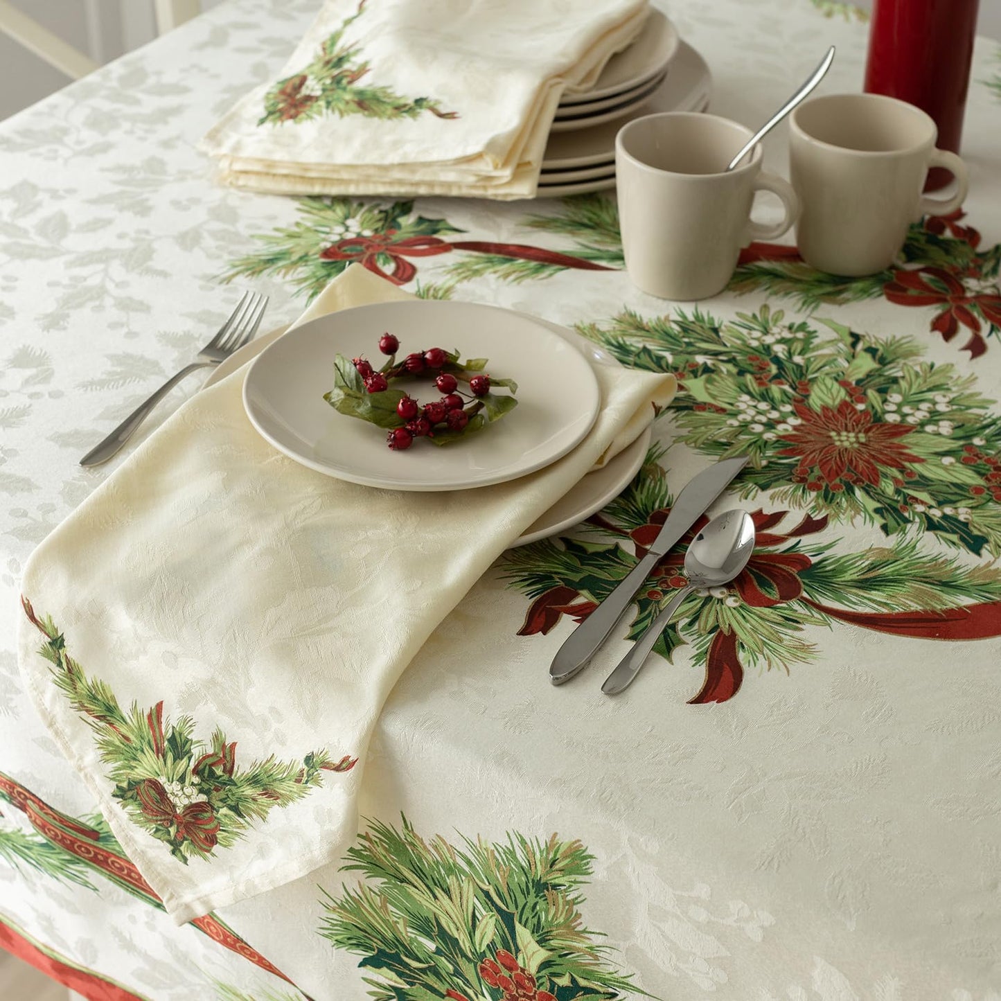 Benson Mills Christmas Ribbons Engineered Printed Fabric Table Cloth, Winter, Holiday and Christmas Tablecloth (60" X 120" Rectangular, Xmas Ribbons)