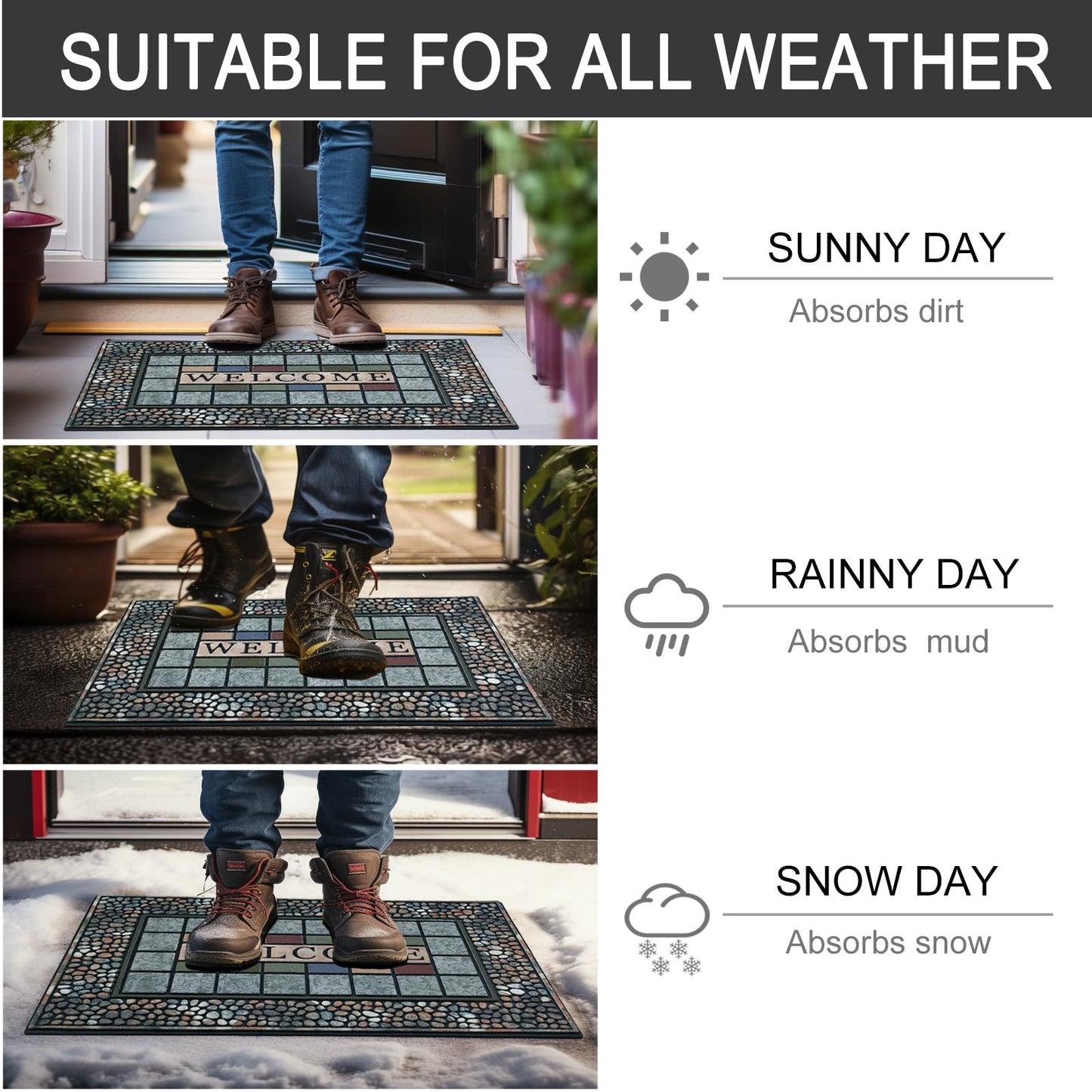 CHICHIC Rectangle Entrance Door Mat Large 18 x 30 Inch Entry Way High Traffic Area Doormat Front Door Rugs Outdoors Heavy Duty Welcome Mat, Non Slip Rubber Back Low Profile for Garage