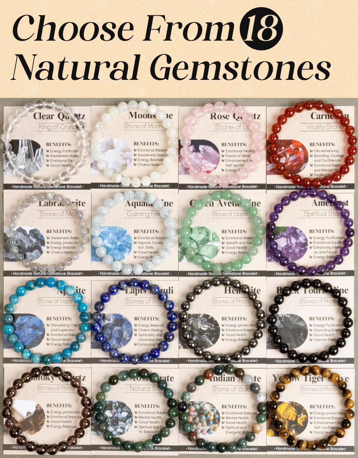 Landorilo Beaded Bracelet for Men Women, 8mm Natural Stone Hematite Healing Crystal Stretch Bracelets, Ideal Christmas Birthday Jewelry Gifts with Energy Card，Replacement Beads Included
