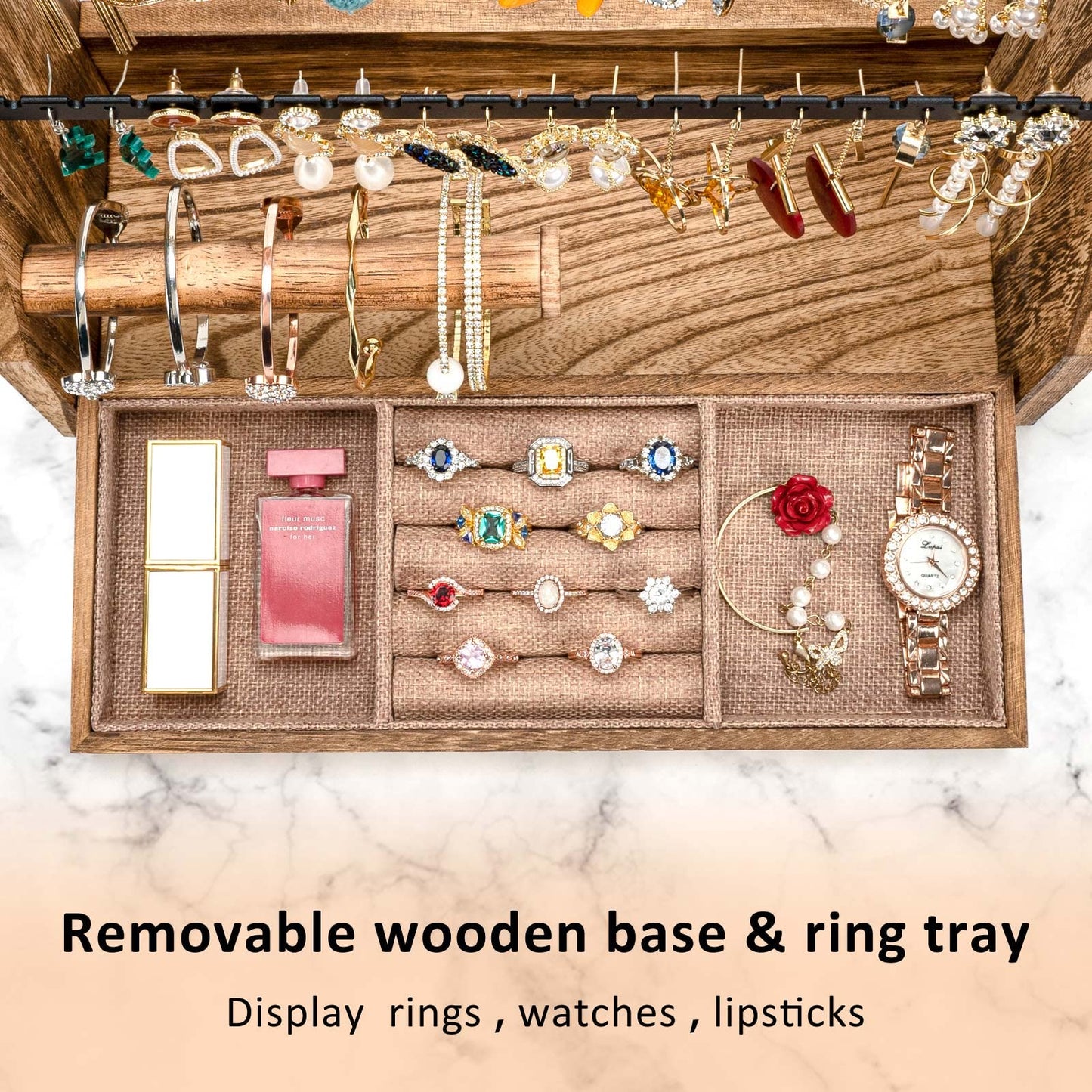 DGWJSU Jewelry Organizer Stand, 5 Layer Earring Holder Organizer with Necklace Holder, Rustic Wood Earring Organizer Display for Stud Earring Bracelet Necklace Ring, Watches