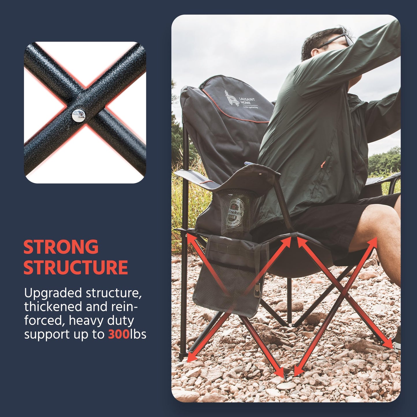 OUTSIDER Folding Camping Chair Heavy Duty Folding Chair 300lbs Oversized Outdoor Chairs with Cup Holder, Cooler Bag, Storage Pocket & Lumbar Support (Style-2, 2)
