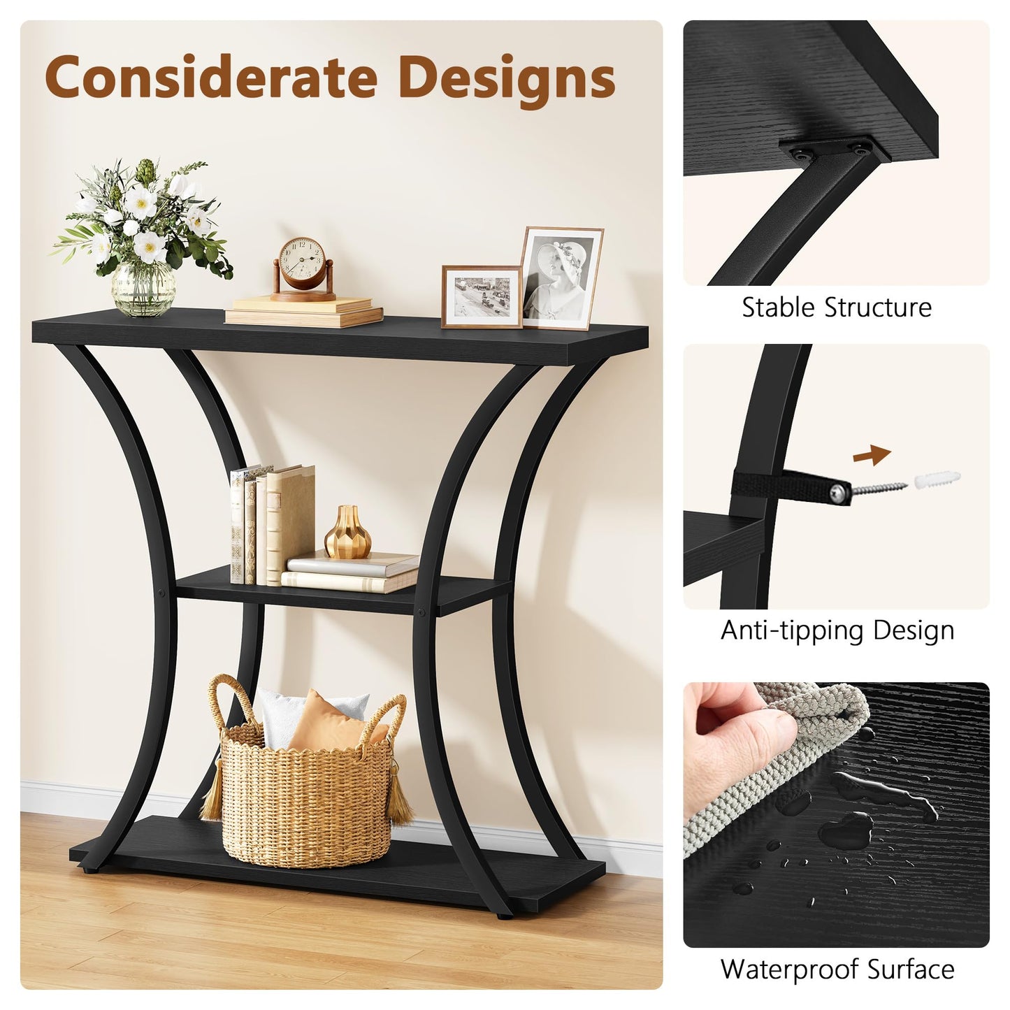 Hoctieon 3 Tier Console Table with Open Wood Shelves, Decorative Entryway Table with Curved Metal Frames, Narrow Sofa Table for Entrance, Living Room, Hallway, Black