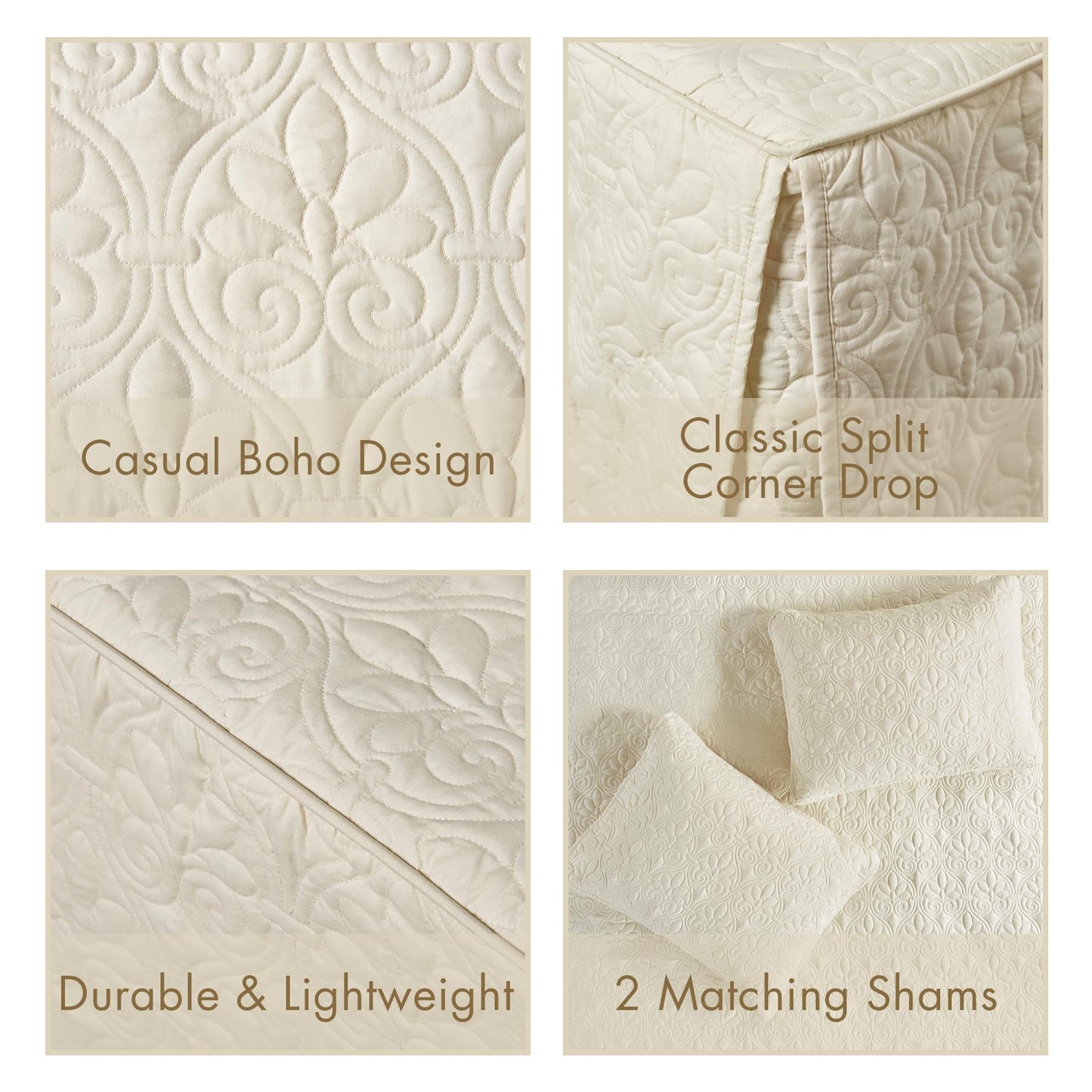 Madison Park Quebec Split Corner Quilted Bedspread Classic Traditional Design All Season, Lightweight, Bedding Set, Matching Shams, Queen, Damask Quilted Cream 3 Piece