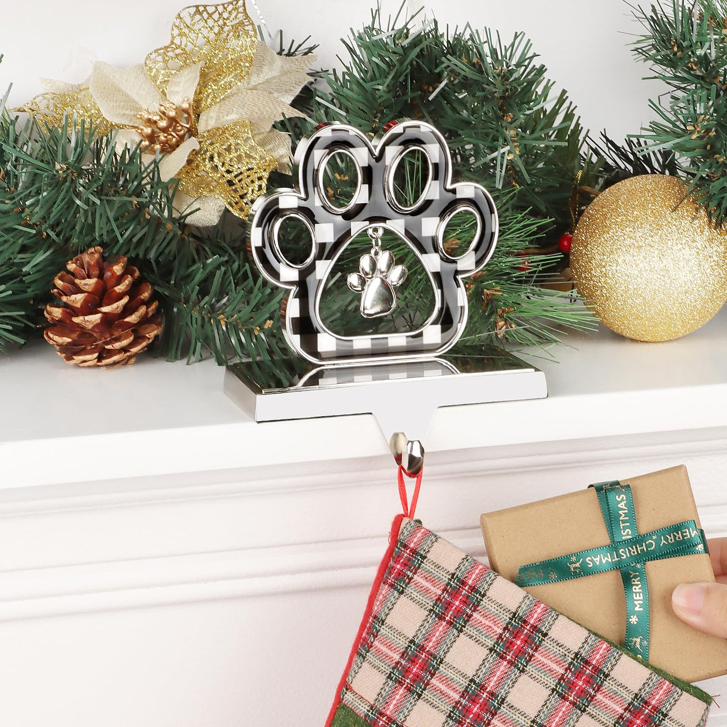 Abilat Dog Paw Christmas Stocking Holder, 3D Silver Metal Stocking Holder with Pendant Black Buffalo Plaid Pet Stocking Hangers for Mantle Fireplace Table Christmas Decoration (Black and White)