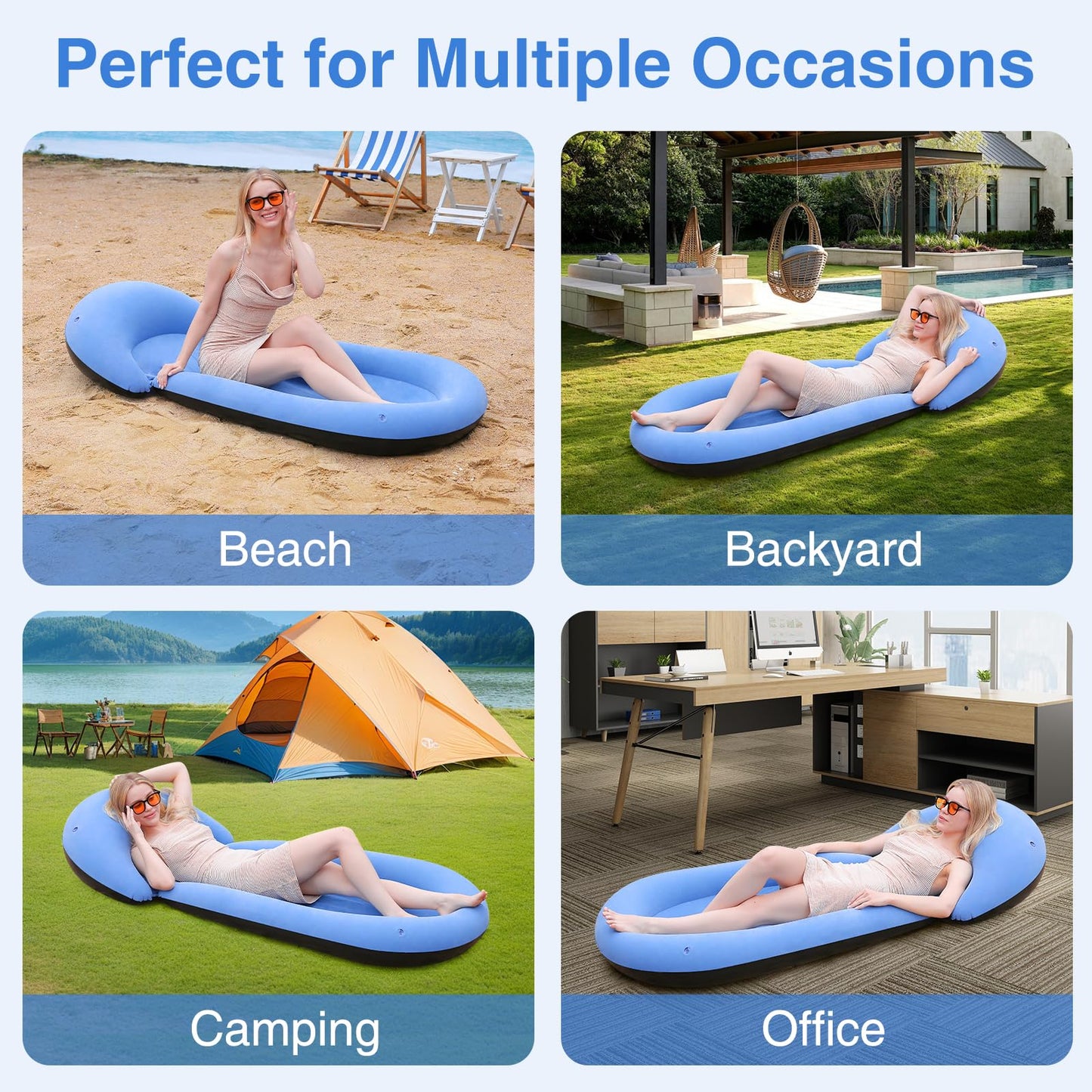 ROUSKY Inflatable Beach Mat, 70 x 29 Inch, Flocked Surface, Pillow Surround (Blue)