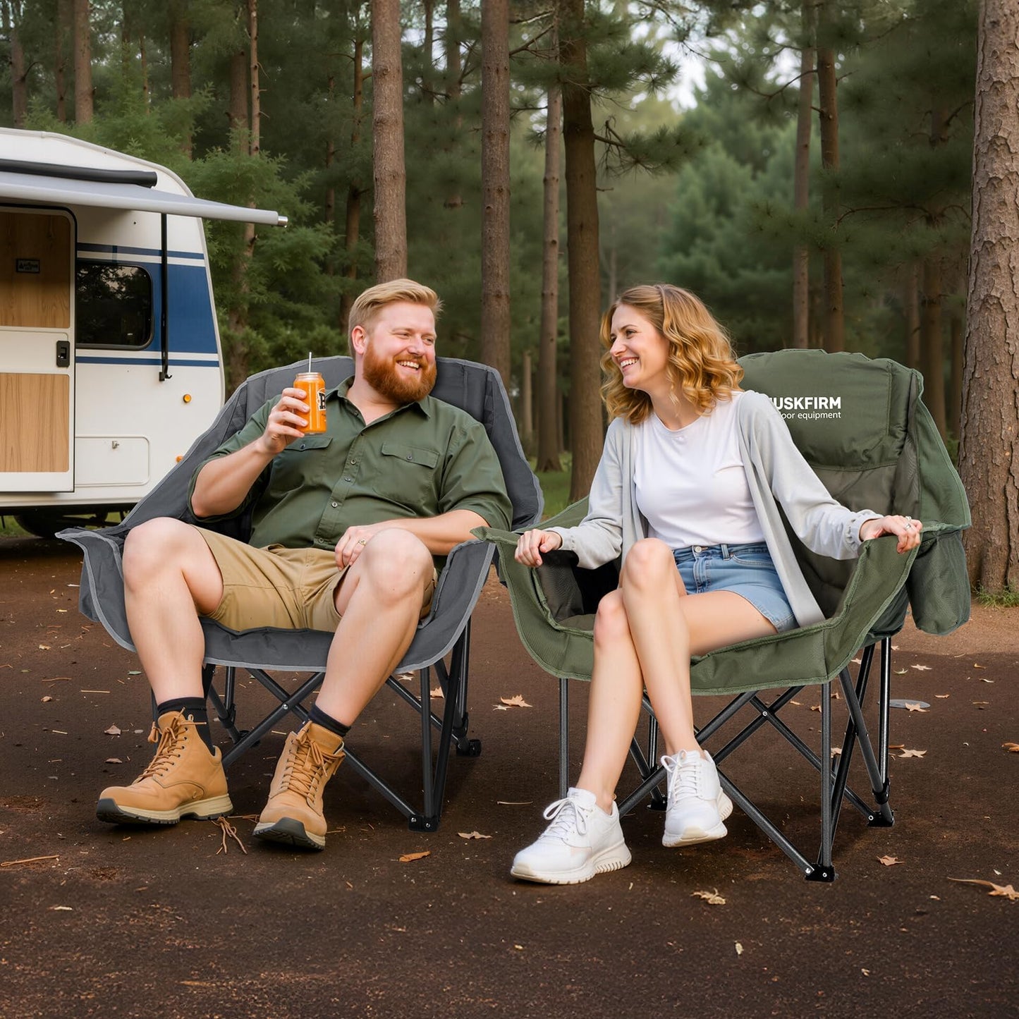 Huskfirm 2 Pack Camping Chairs Oversized Padded Camping Chair Heavy-Duty Foldable Camping Chairs with Cup Holder and Cooler Bag Portable Lawn Chair for Sports Outdoors-Support 450LBS,Green