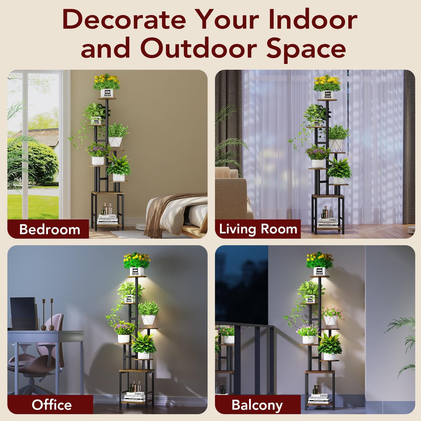 Homsorout Plant Stand Indoor with Grow Light,6-Tiered Tall Plant Stand Indoor, Metal Plant Shelf with Adjustable Light, Ideal for Living Room, Garden, Patio (Black Brown)