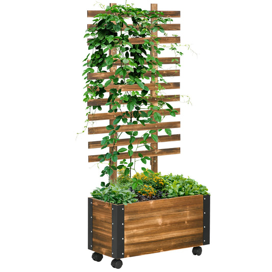 Raised Garden Bed with Trellis, 58" Outdoor Wooden Planter Box with Wheels, for Vine Plants Flowers Climbing and Planting, Brown