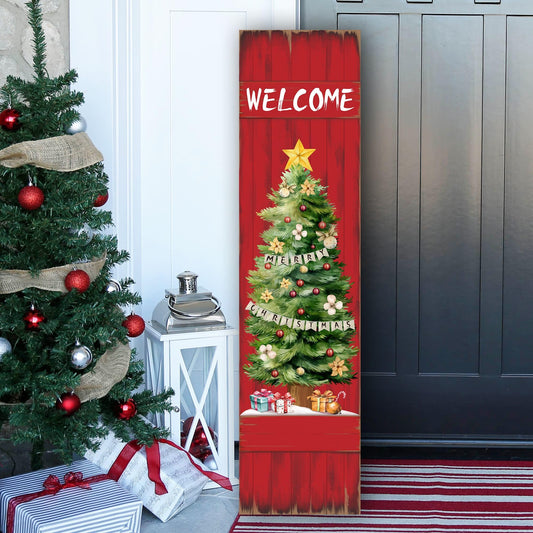 PEROUU Merry Christmas Porch Sign for Front Door, Xmas Wooden Welcome Sign with Christmas Tree for Front Porch Decorations, Winter Garden Decor Outdoor Hanging Signs Wall Sign 31.5" H