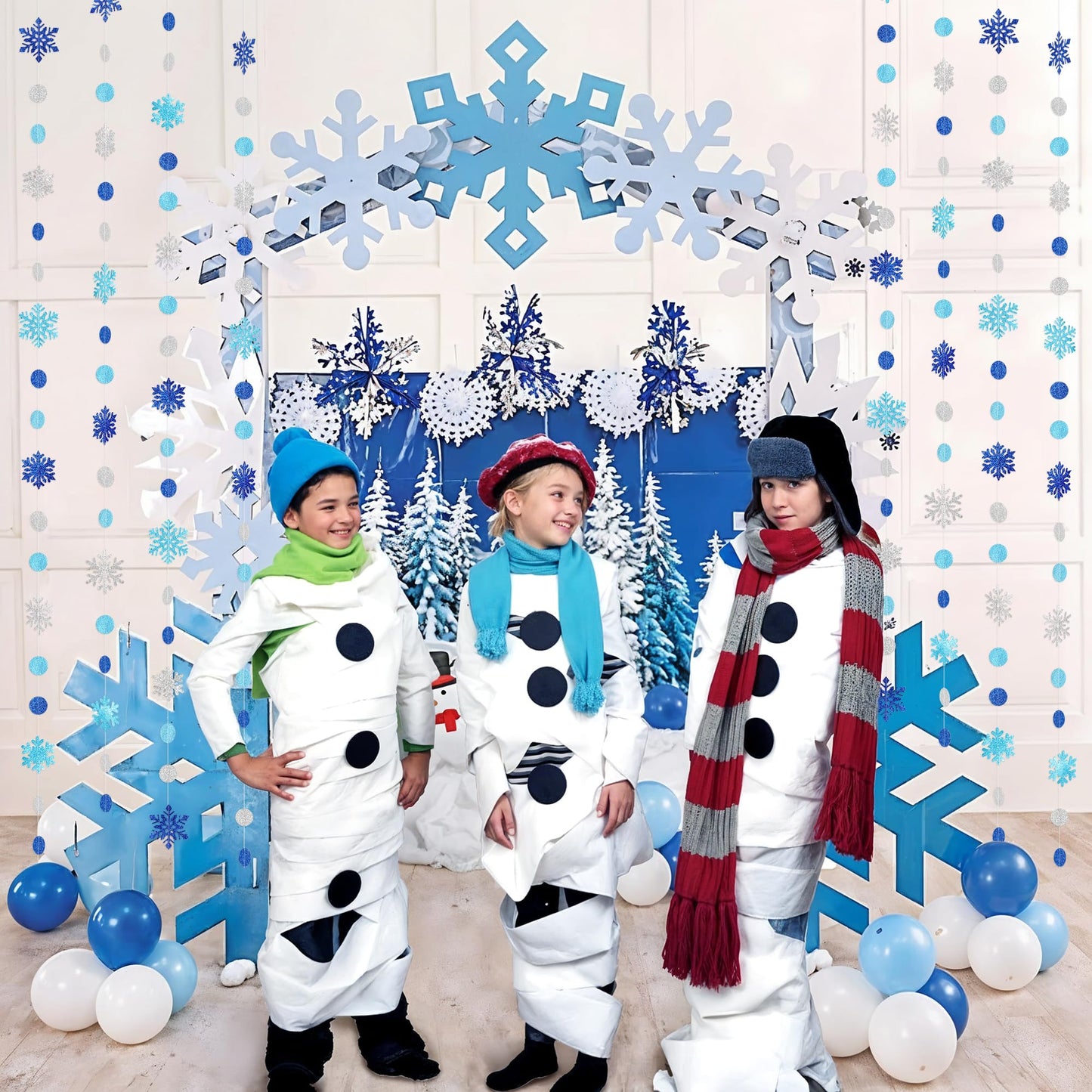 Kriyokiaa 8 PCS Blue Snowflake Garland Set, Double-Sided Glitter Winter Wonderland Hanging Decorations for Baby Shower, Birthday, Holiday Party Backdrop, Navy & Silver Paper Circle Snowflake Strings