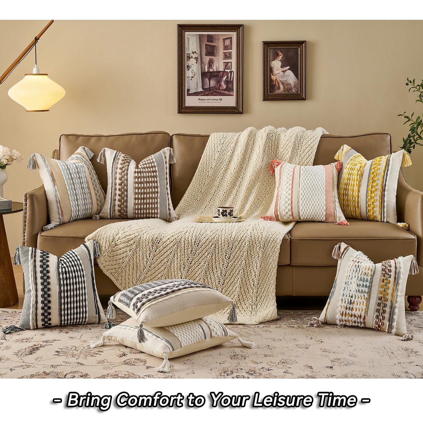AmHoo Set of 2 Chenille Striped Tufted Textured Boho Throw Pillow Covers Aesthetic with Tassels Woven Decorative Pillow Case for Couch Bed Sofa Bedroom Modern Funky 18 x 18-Inch Brown White
