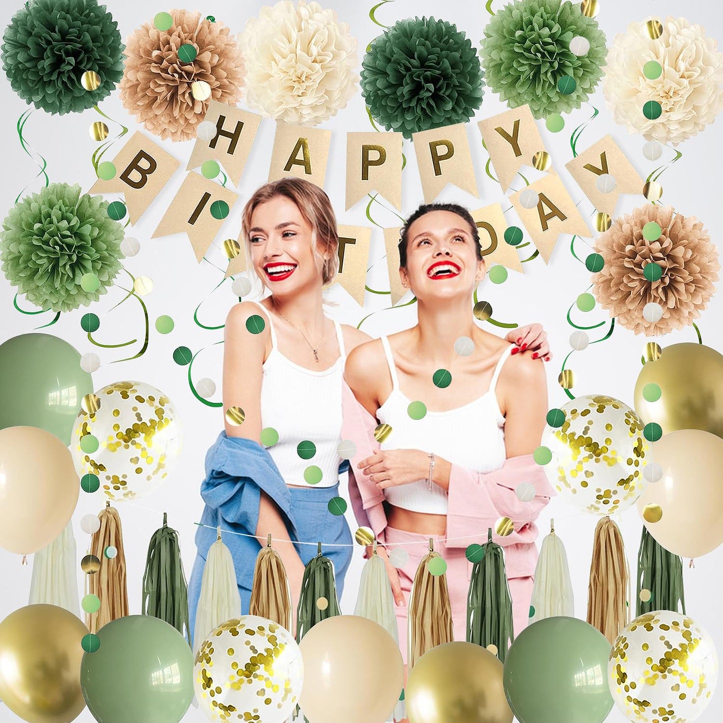 Green Birthday Party Decorations for Women Girls with Happy Birthday Banner,Tissue Paper Pompoms, Paper Tassel,Circle Garland,Hanging Swirl,Decorations Balloons for Party Decor (sage green)
