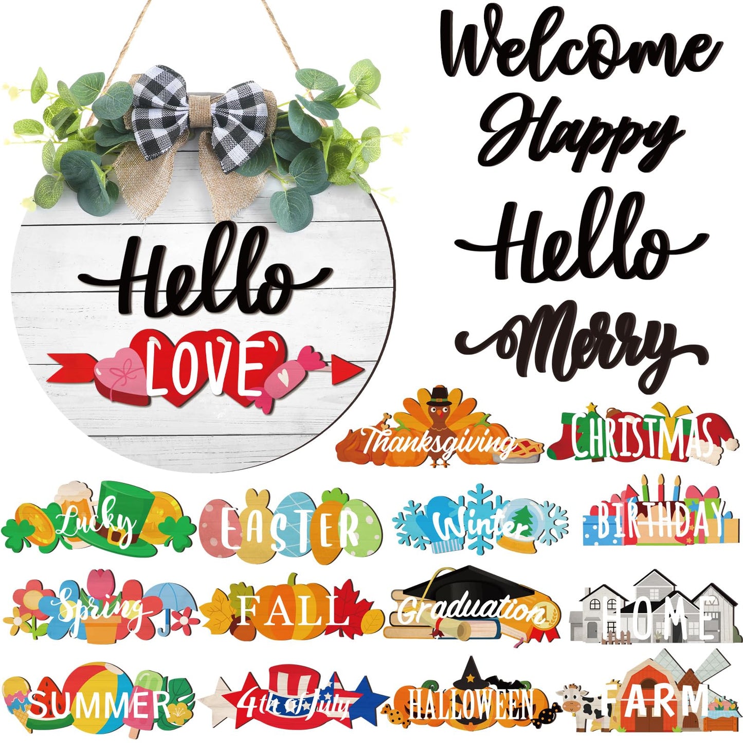 Burbell 20 Pieces Interchangeable Welcome Sign for All Seasons Seasonal Front Door Decor with 4 Pcs Sign and 15 Pcs Changeable Icons Farmhouse Front Porch Rustic Holiday Wooden Door Decor(White)