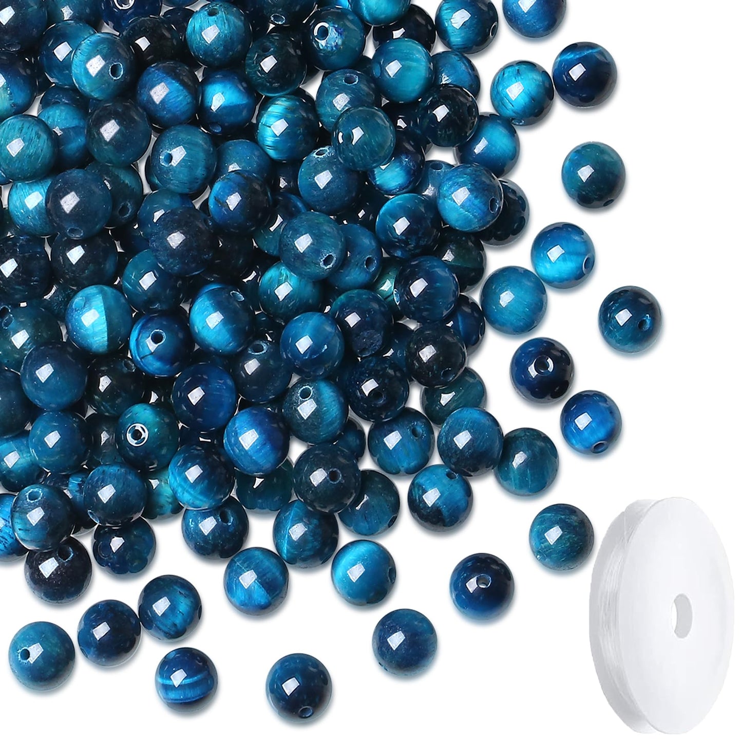 NUKAYAI Aquamarine Blue Tiger Eye Beads 60Pcs Crystal Beads 8mm Blue Round Stone Bead Smooth Loose Bead for Bracelet Necklace DIY Earrings Making