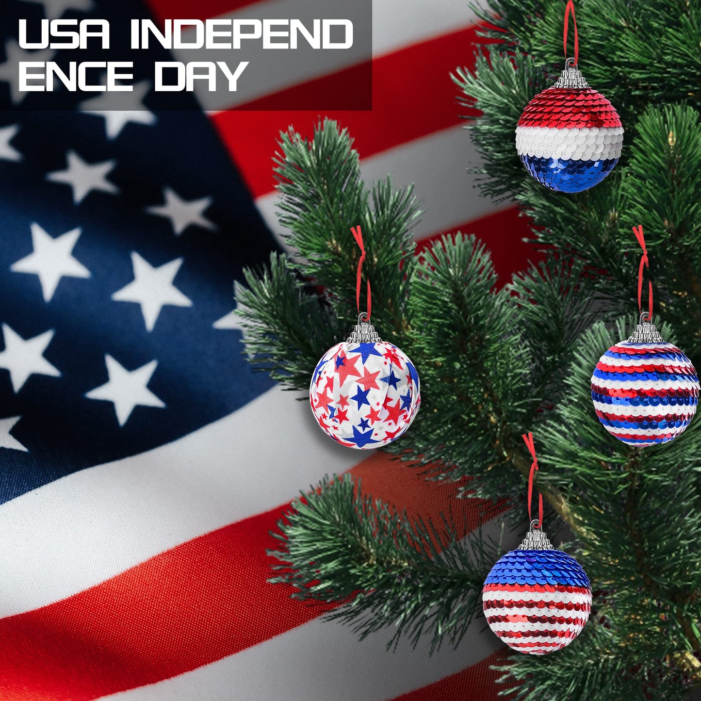 12 Pieces Independence Day Hanging Ball - 2 Inch Memorial Day Sequin Hanging Ball Ornament - 4th of July Red White Blue Tree Decorations for Memorial Day Veterans Patriotic USA Themed Party Supplies