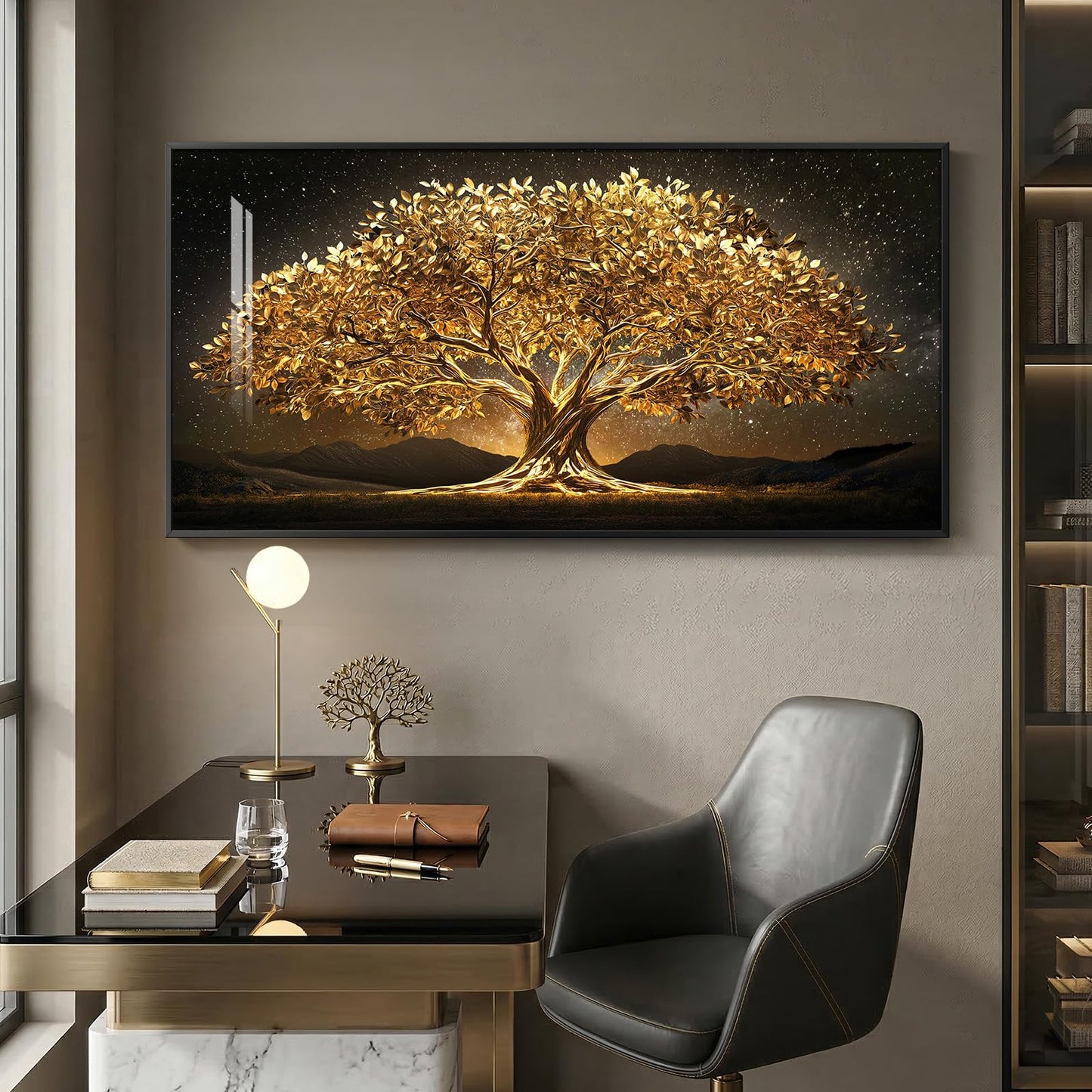 Large Framed Black and Gold Tree of Life Wall Art, Modern Luxury Tree Painting Print Artwork for Walls, Contemporary Dark Elegant Glam Picture for Living Room Bedroom Office Wall Decor, 60x30 Inch
