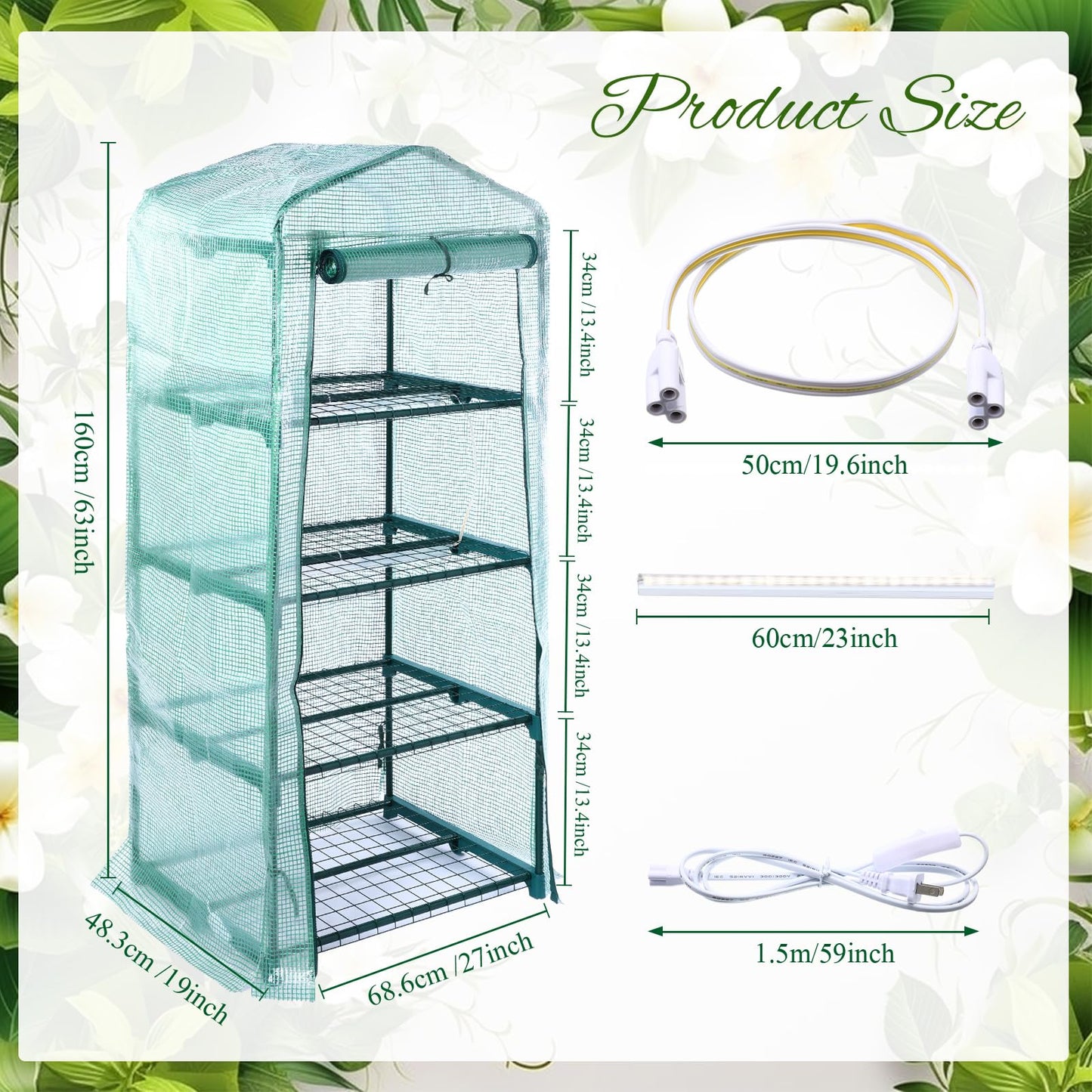 Baquler 4 Tier Mini Greenhouse Indoor Outdoor with 2 Grow Lights , 62'' H x 27'' L x 19'' W PE Cover Portable Winter Vented Greenhouse with Roll up Zipper Door Gardening Stand for Plant Seed Starting