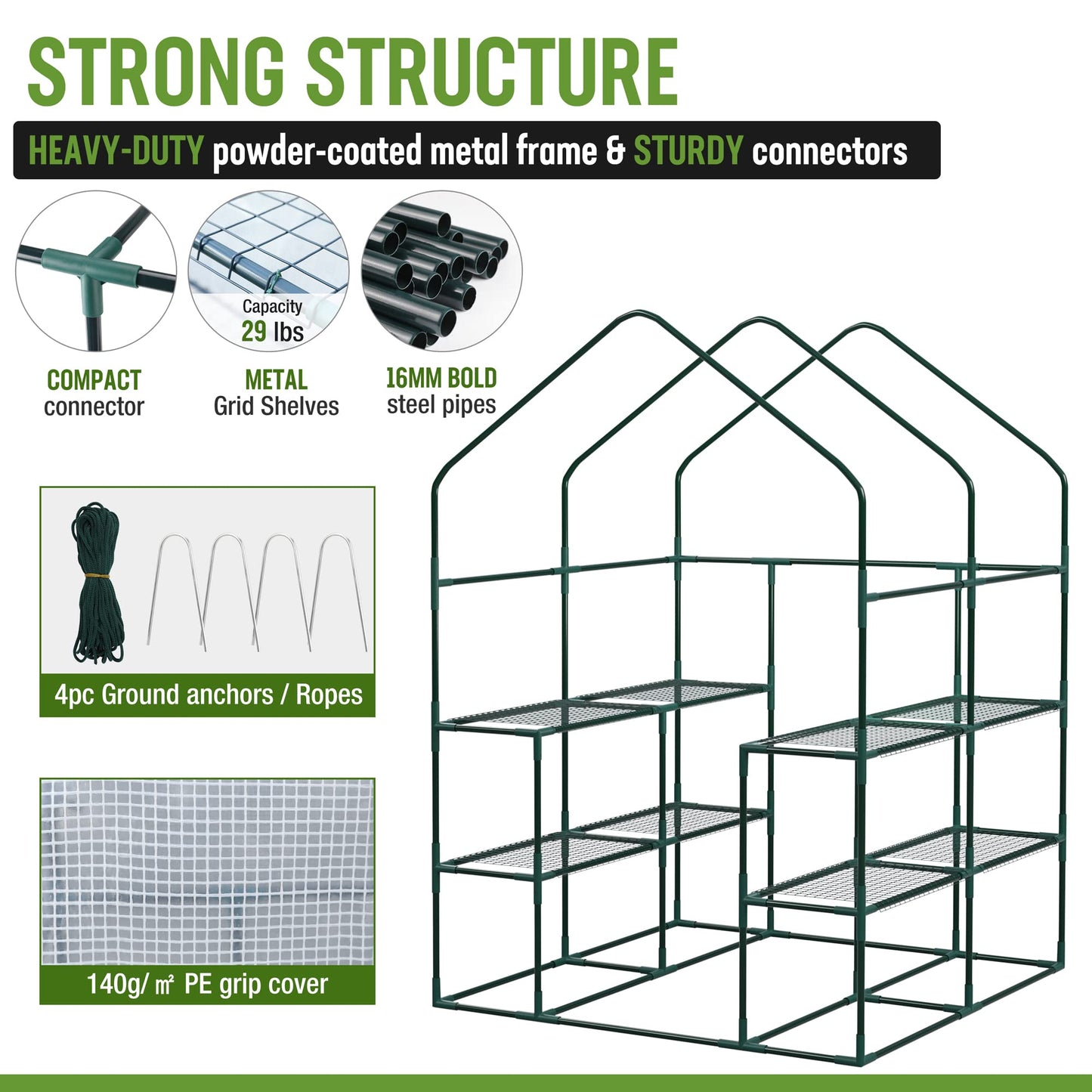 WORKPRO Greenhouse, 56” x 56” x 77” Heavy Duty Walk in Greenhouses for Outdoors with Screen Windows, Thicken PE Cover, 3 Tier 8 Shelves Portable Green House Kit for Patio, Backyard and Porch