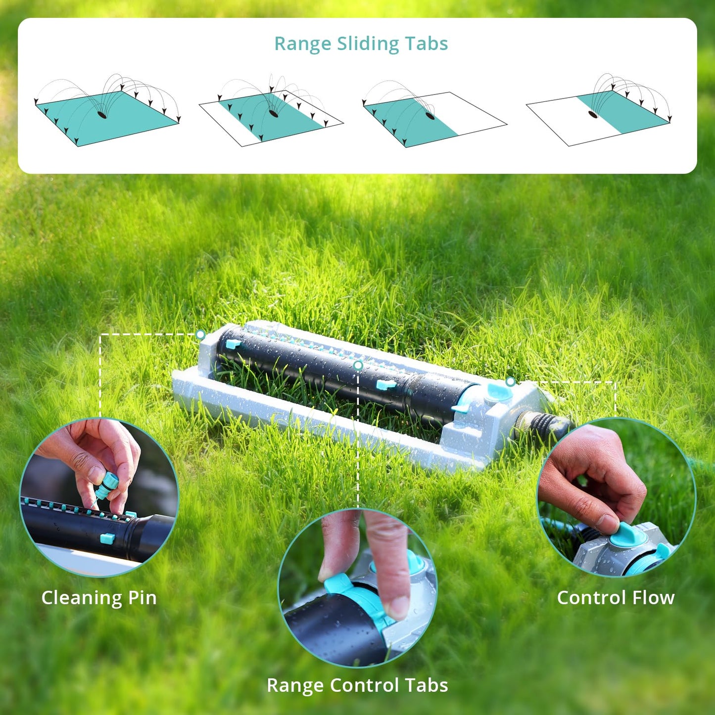 QUOBAS Heavy Duty Oscillating Sprinkler, 18-Hole Nozzle with Zinc Alloy Metal Base, Adjustable Flow Control & Spray Width, with Cleaning Pin, Garden, Yard