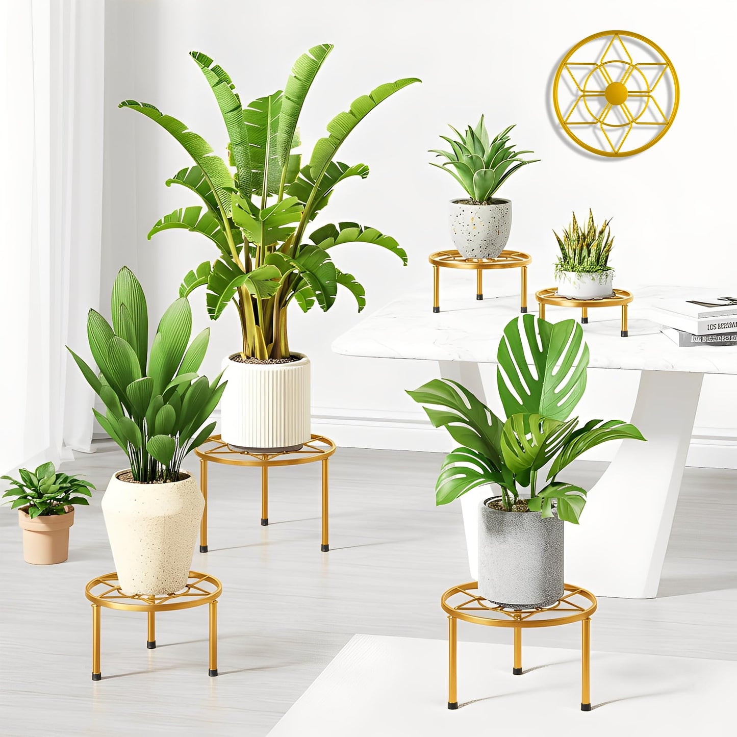 NQW 5 Pack Metal Potted Plant Stands for Indoor Outdoor,Round Planters Flower Pots Stand Holder,Heavy Duty Anti-Rust Iron Plant Shelf for Home Garden Patio Decoration(GoldDiamond)