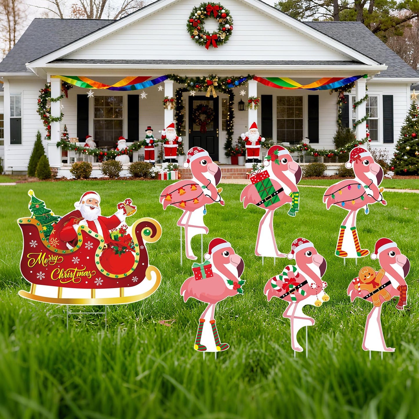 ARQRHTLY 7pcs Christmas In July Flamingo Yard Sign with Stakes Waterproof Outdoor Lawn Garden Holiday Decoration for Patio Front Yard Pool Party Beach Seasonal Festive Decor Eye Catching Flamingo Sign