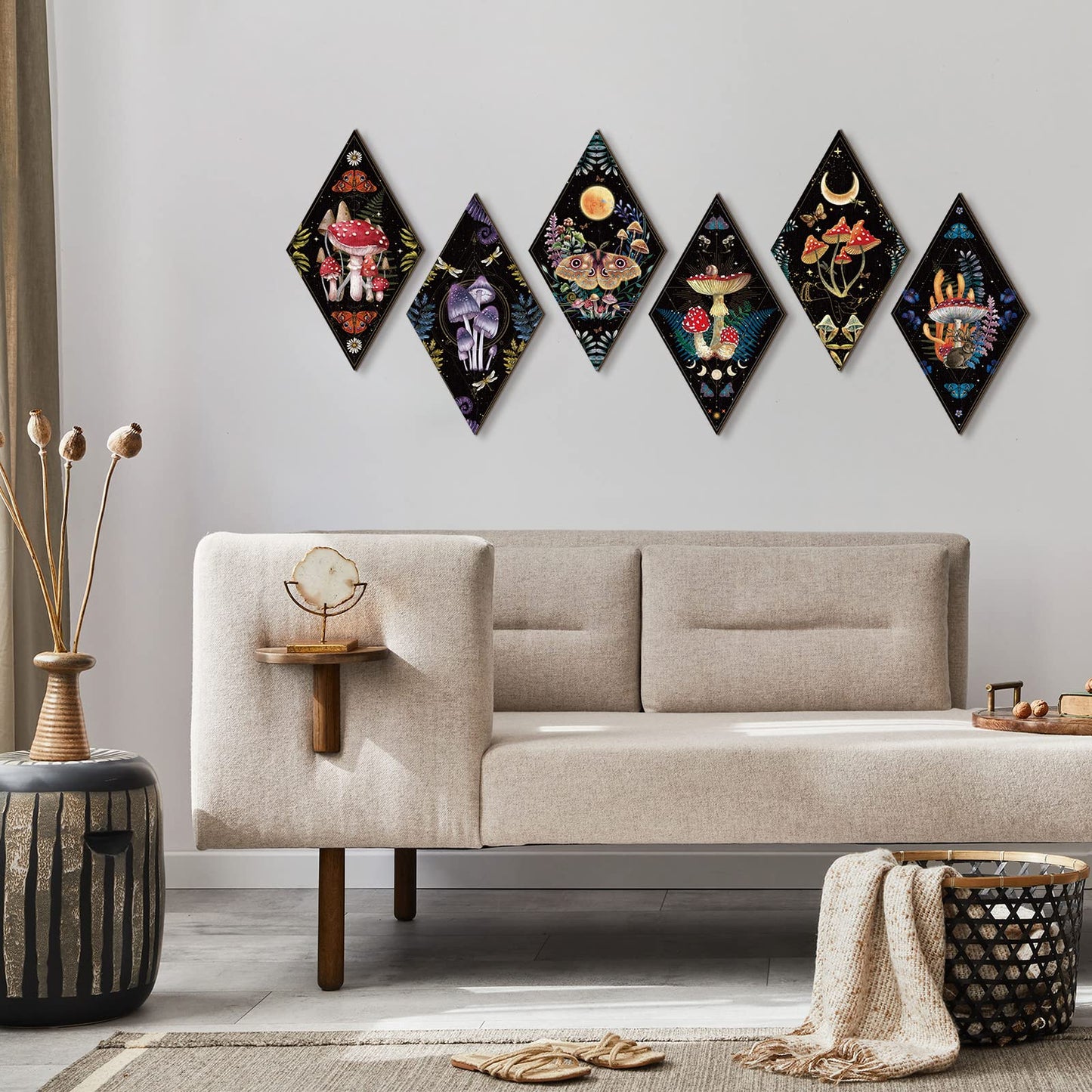 Sintuff 6 Pieces Gothic Wall Decor Boho Sun Moon Phases Wall Art Gothic Minimalist Stars Sun Hanging Wooden Home Decor Farmhouse Pediments for Gallery Living Bedroom Room(Mushroom)