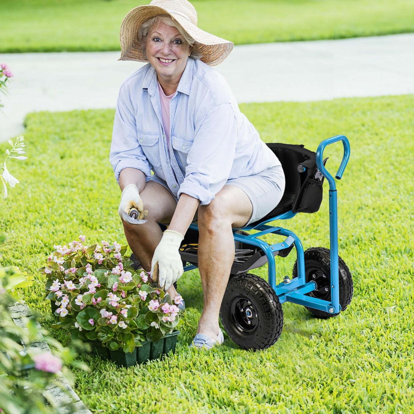 ERGOMASTER Rolling Garden Seat with Wheels, Adjustable 360° Swivel Workseat and Storage Basket, Extendable Handle, Outdoor Gardening Wagon Scooter, Blue
