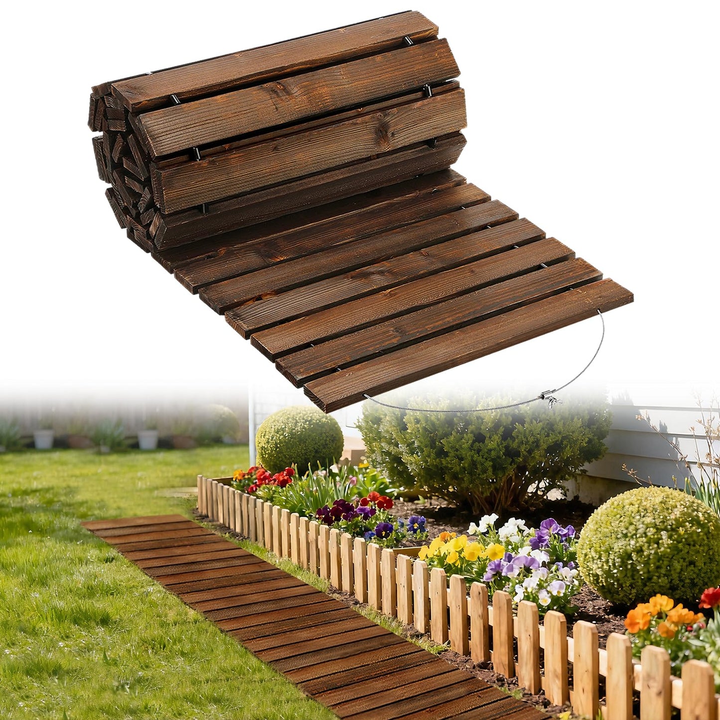 8.2ft Wooden Garden Pathway - Weather Resistant Carbonized Pine Roll Out Decorative Walkway, Boardwalk Pathway Pavers for Outside Stepping Stones Outdoor Flooring Patio Pool Backyard (Brown)