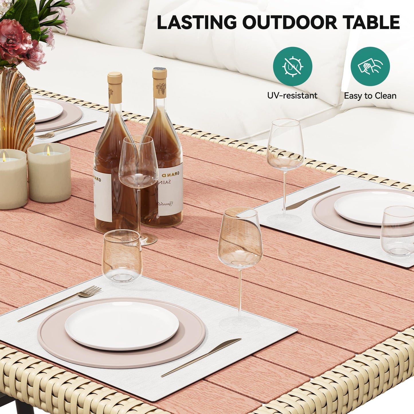 YITAHOME Patio Wicker L-Shaped Furniture Set, All-Weather Rattan Outdoor Conversation Sofa Set for Backyard Deck with Soft Cushions,Ottomans and Plastic Wood Dining Table (Light Brown+Beige)
