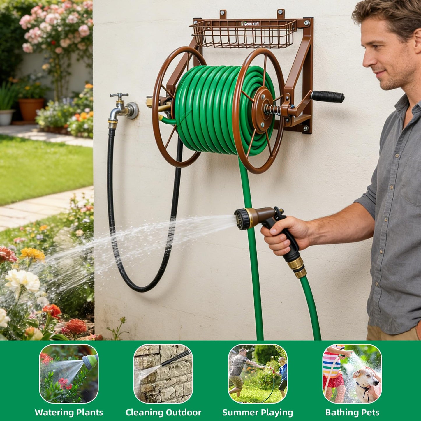 WERMAH Upgrade Wall Mounted Garden Hose Reel, Holds 135 ft of 5/8-inch Hose, Outdoor Water Hose Holder Winder, Space-Saving Design with Brass Fitting for Yard Lawn (Holds 135ft)