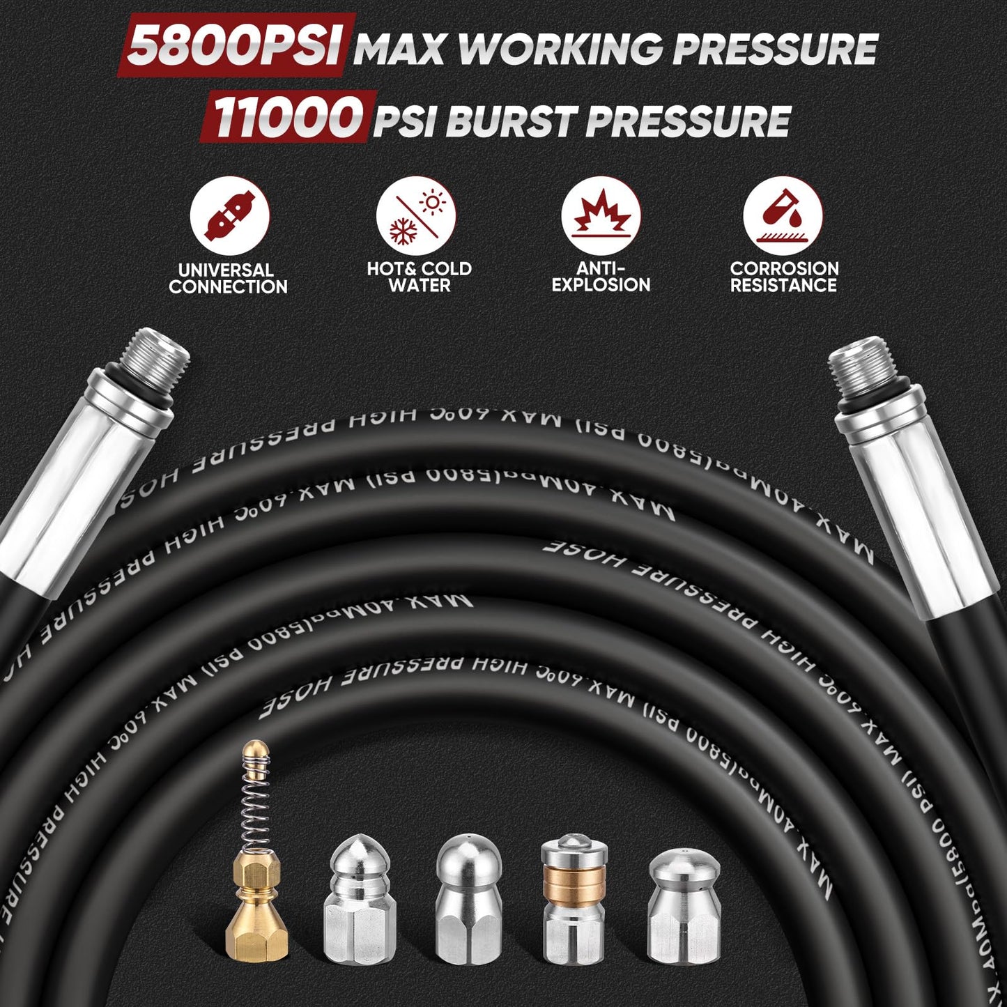 Ampvolts 100FT Sewer Jetter Kit for Pressure Washer, 5800 PSI Drain Cleaning Hose with 5 Jet Nozzles & 2 Adapters, Compatible with Spray Guns and Power Washers, Ideal for Clogged Pipes and Drains