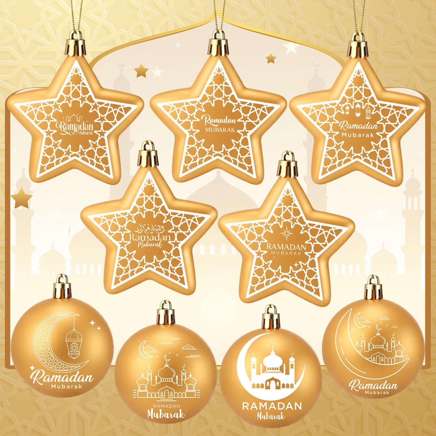 PullCrease 36 Pcs Eid Mubarak Decorations Ramadan Hanging Decorations Gold Moon Ornaments Plastic Eid Mubarak Hanging Balls Star Ramadan Islamic Decor for Home Window Islamic Muslim Tree Party Decor