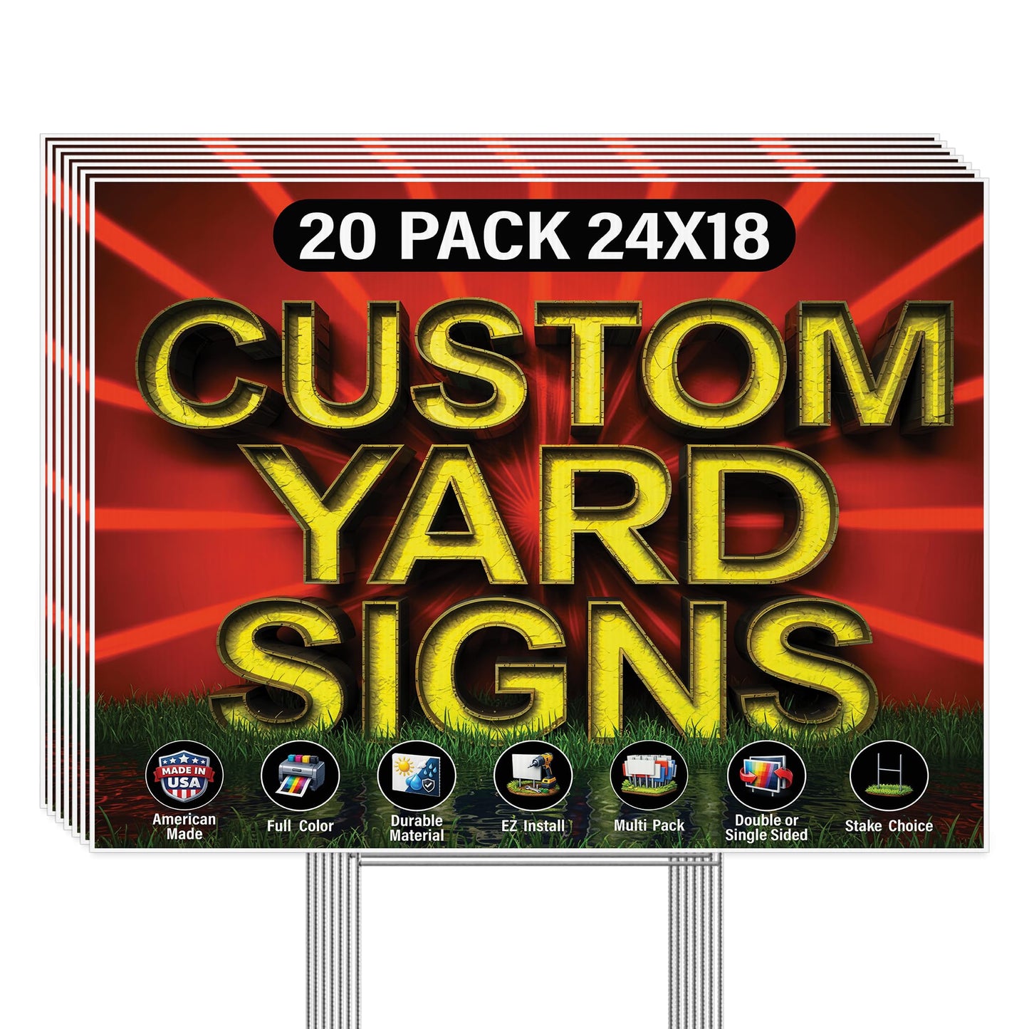 20 Pack of 24x18 inch Custom Yard Signs, Double and Single Sided Print, Metal H-Stakes, Durable 4mm Coroplast, Personalized Full Color Printing