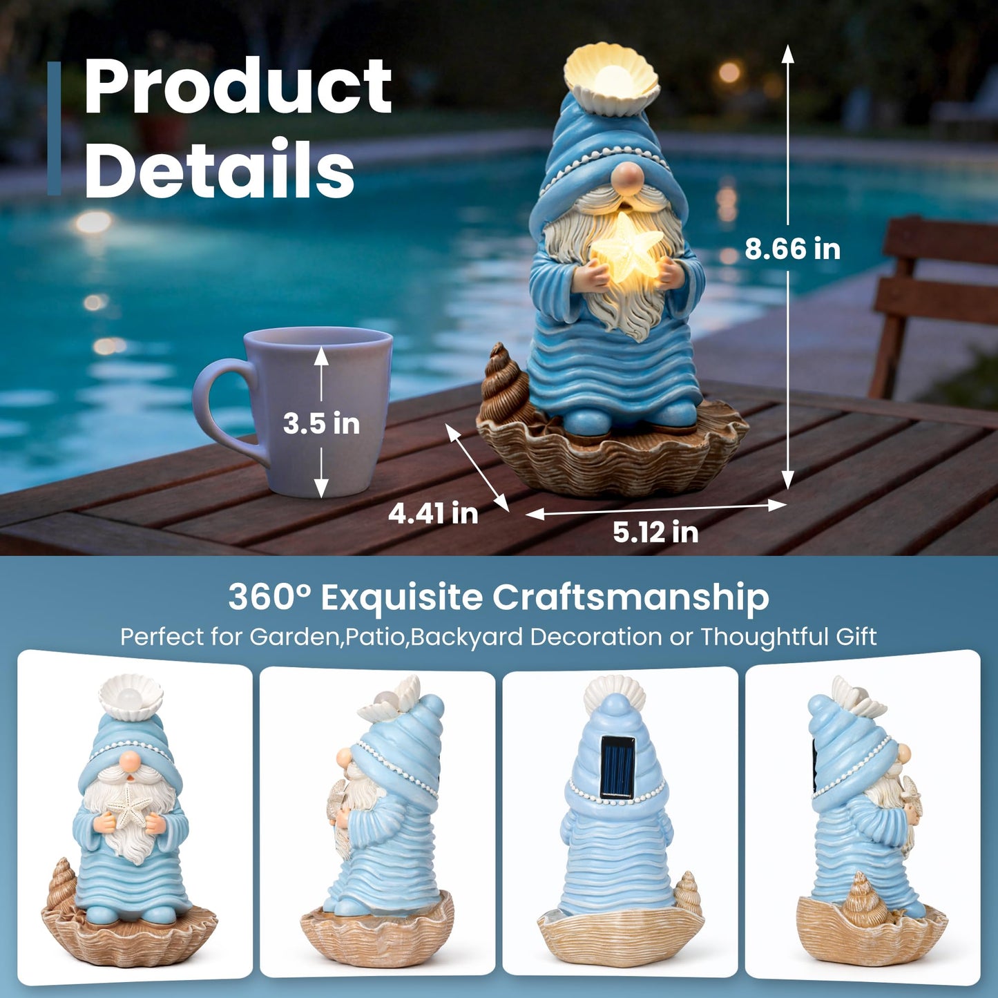 GIGALUMI Garden Gnomes, Solar Statue Outdoor Decor, Gnome Gifts Decoration with LED for Patio Yard Lawn Balcony, Christmas/Birthday Gift for Mom Women