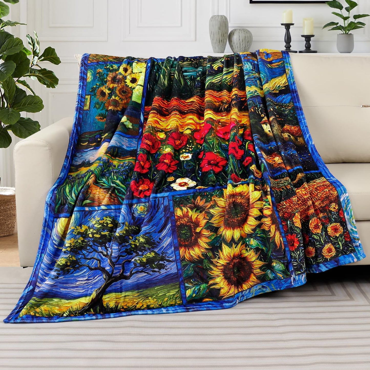 Homithley Oil Painting Collection Throw Blanket Van Gogh Art Patchwork Abstract Starry Night Sunflower Soft Flannel Blanket for Bedding Sofa and Travel Camping 50" × 60"