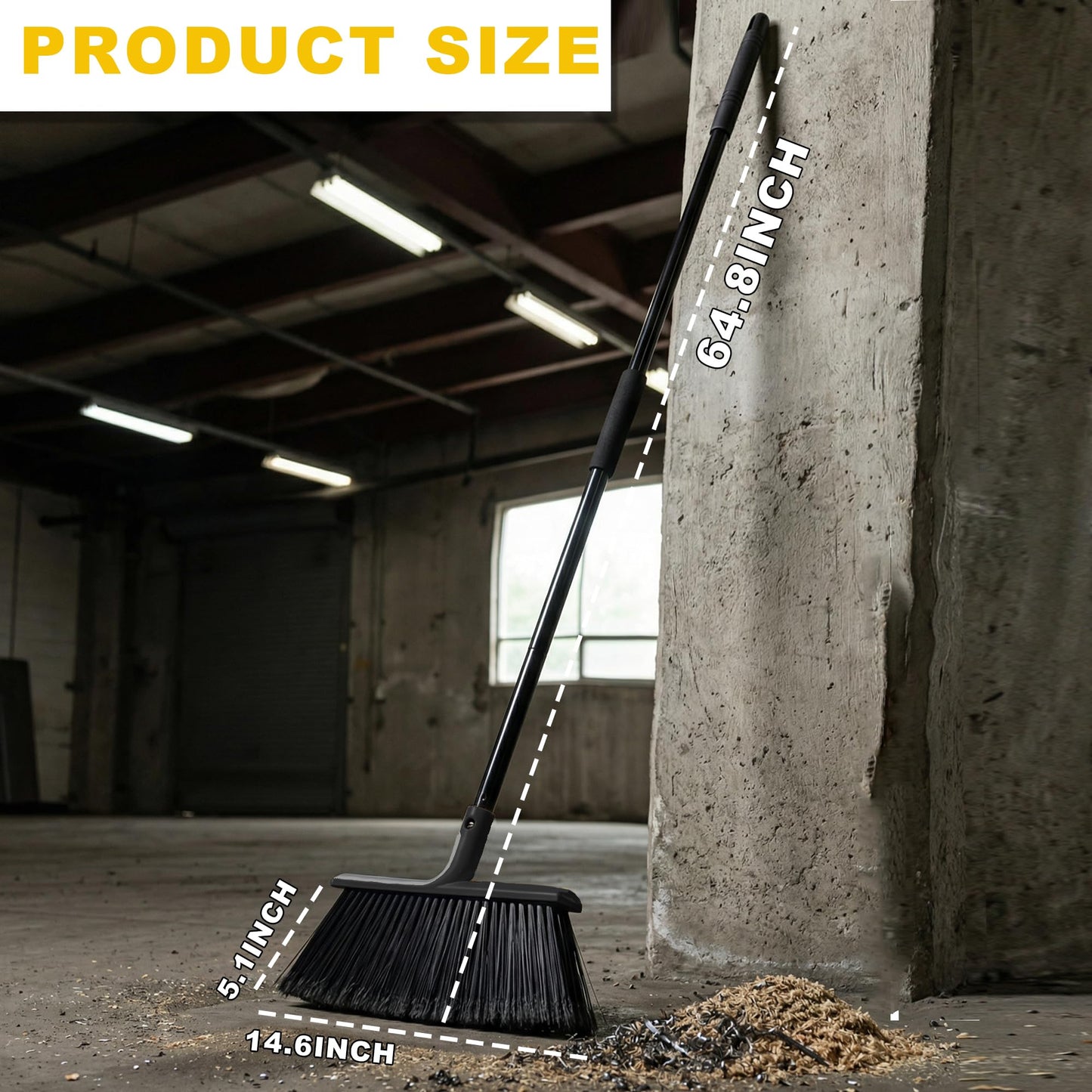 BSMstone Large Angle Brooms Indoor Outdoor Broom with Long Handle Stiff Bristle Sweeper for Kitchen Garage Deck Courtyard Lobby Patio Lawn Leaves (Black)