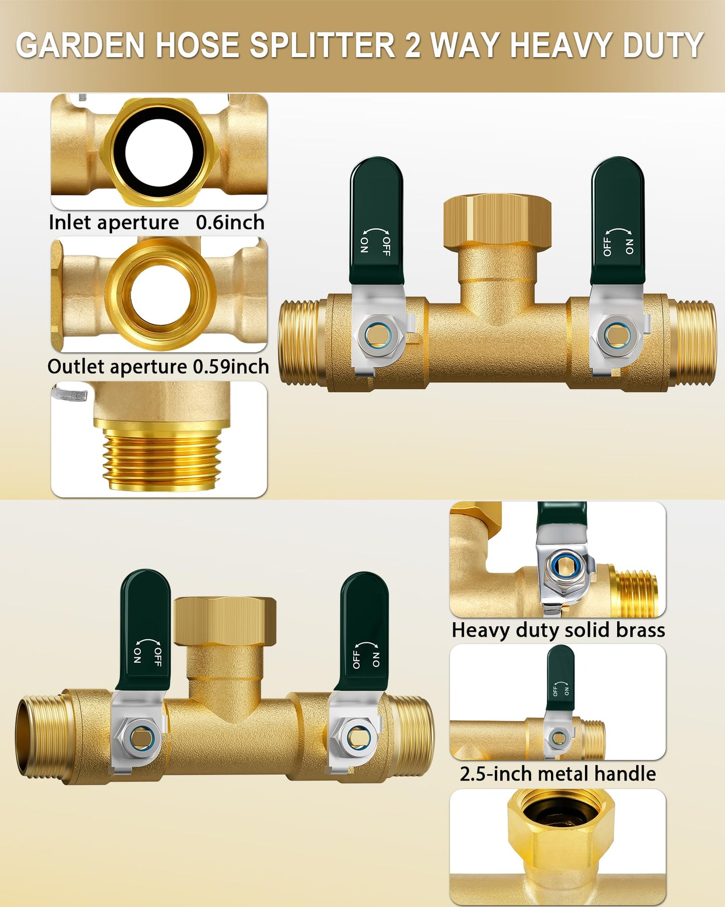 EBH Garden Hose Splitter 2 Way, Heavy Duty Solid Brass Hose Splitter with Shutoff Valves, Water Spigot Splitter With 304 Stainless Steel Handle, Full Flow Outdoor Faucet Splitter, 3/4" GHT Thread