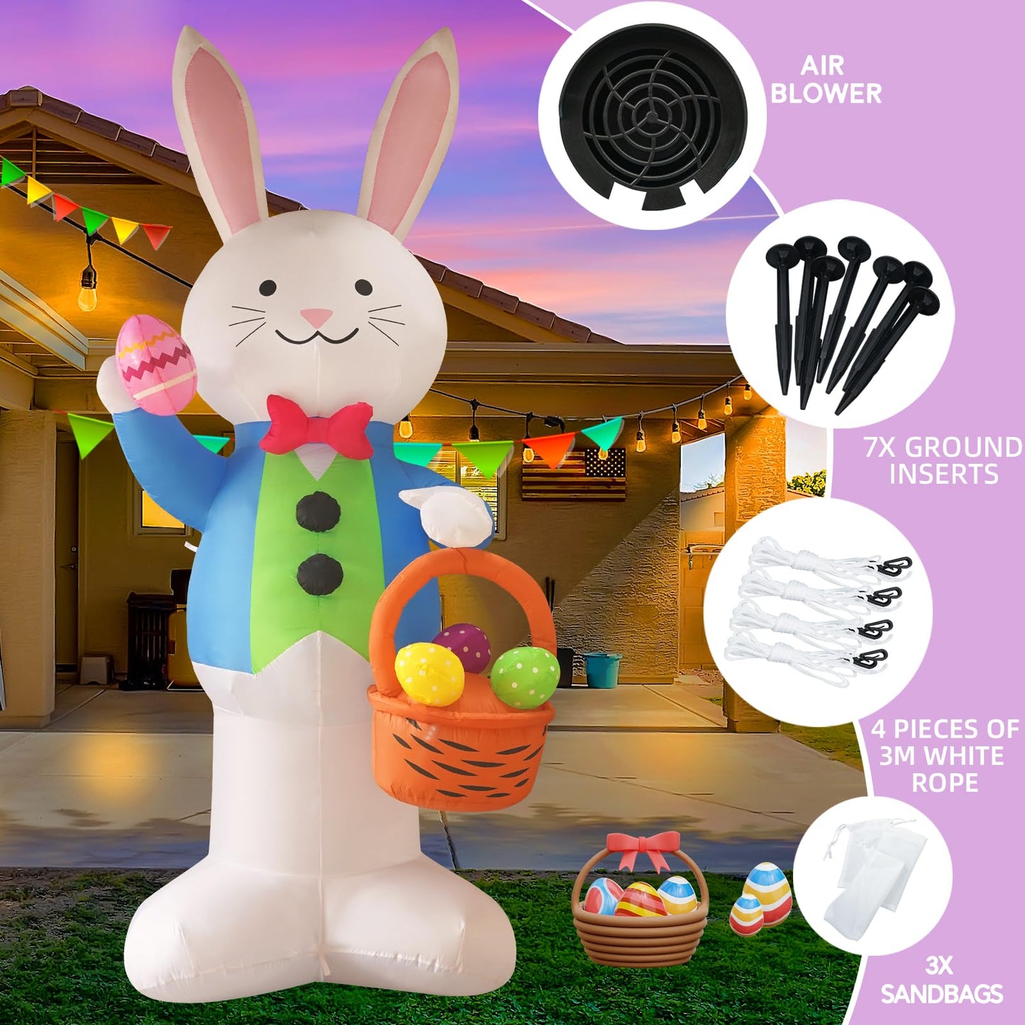 InfleasJoiy 12FT Bunny Basket Easter Inflatable Decoration with Built-in LED Lights for Holiday Celebration Decorations on Yards, Lawns and Patios
