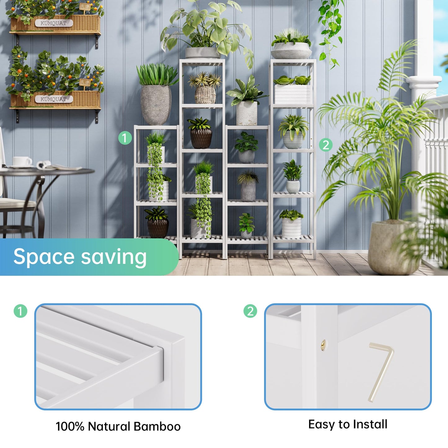 SMIBUY Bathroom Storage Shelf, 5-Tier Bamboo Rack Organizer, Multifunctional Shelving Unit for Living Room Bedroom Kitchen (White)