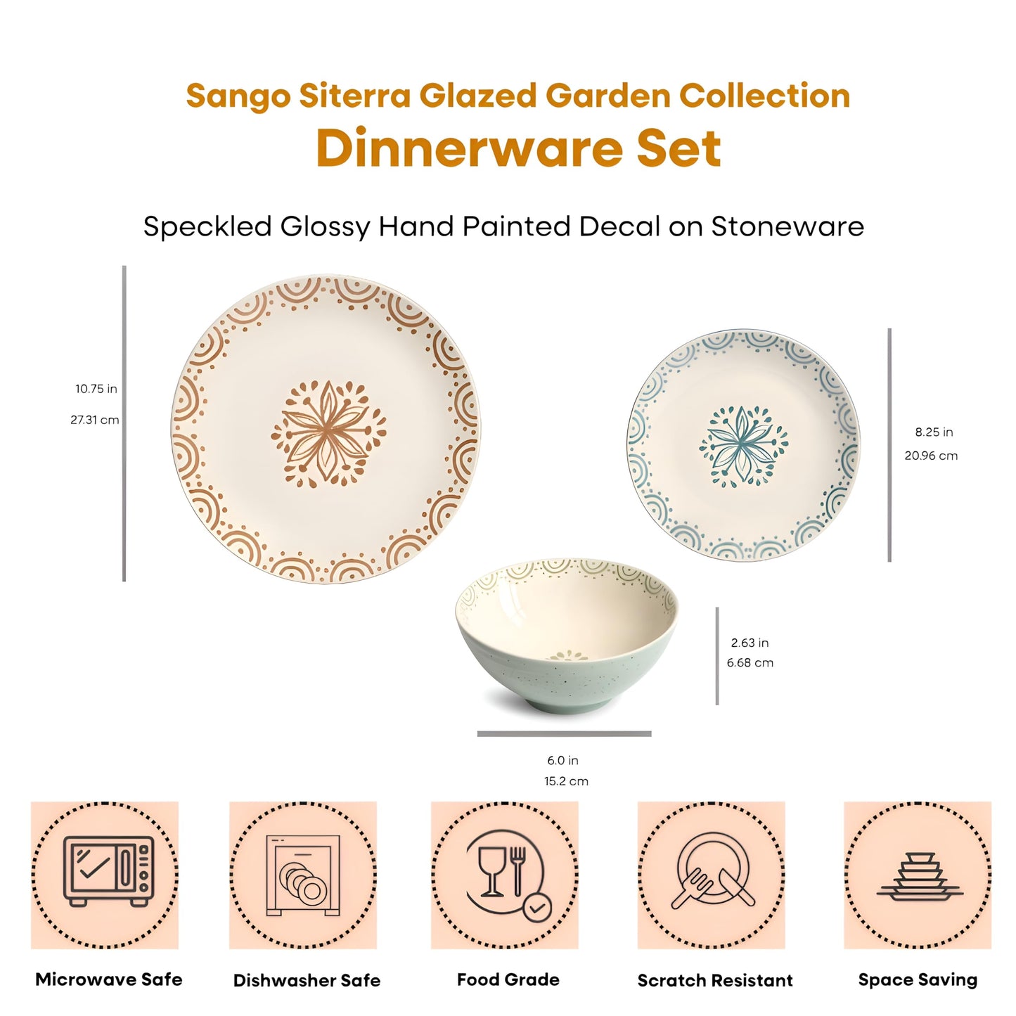 Sango 12-Piece Speckled Stoneware Dinnerware Set for 4- Glossy Plates and Bowls Set with Hand-Painted Floral Pattern, Rustic Ceramic Dish Set, Elegant Dishes for Everyday Dining, Siterra Glazed Garden