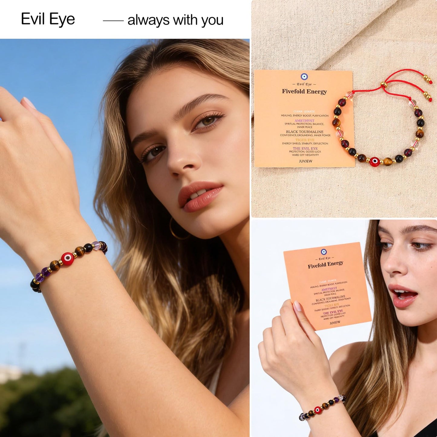 Cute Evil Eye Bracelet Red Black - Natural Crystal Protection Adjustable Spiritual Guardian Jewelry- 5 Healing Stones Clear Quartz Amethyst Black Tourmaline Tiger Eye Bracelet Adjustable (Red Eye-Red Rope)