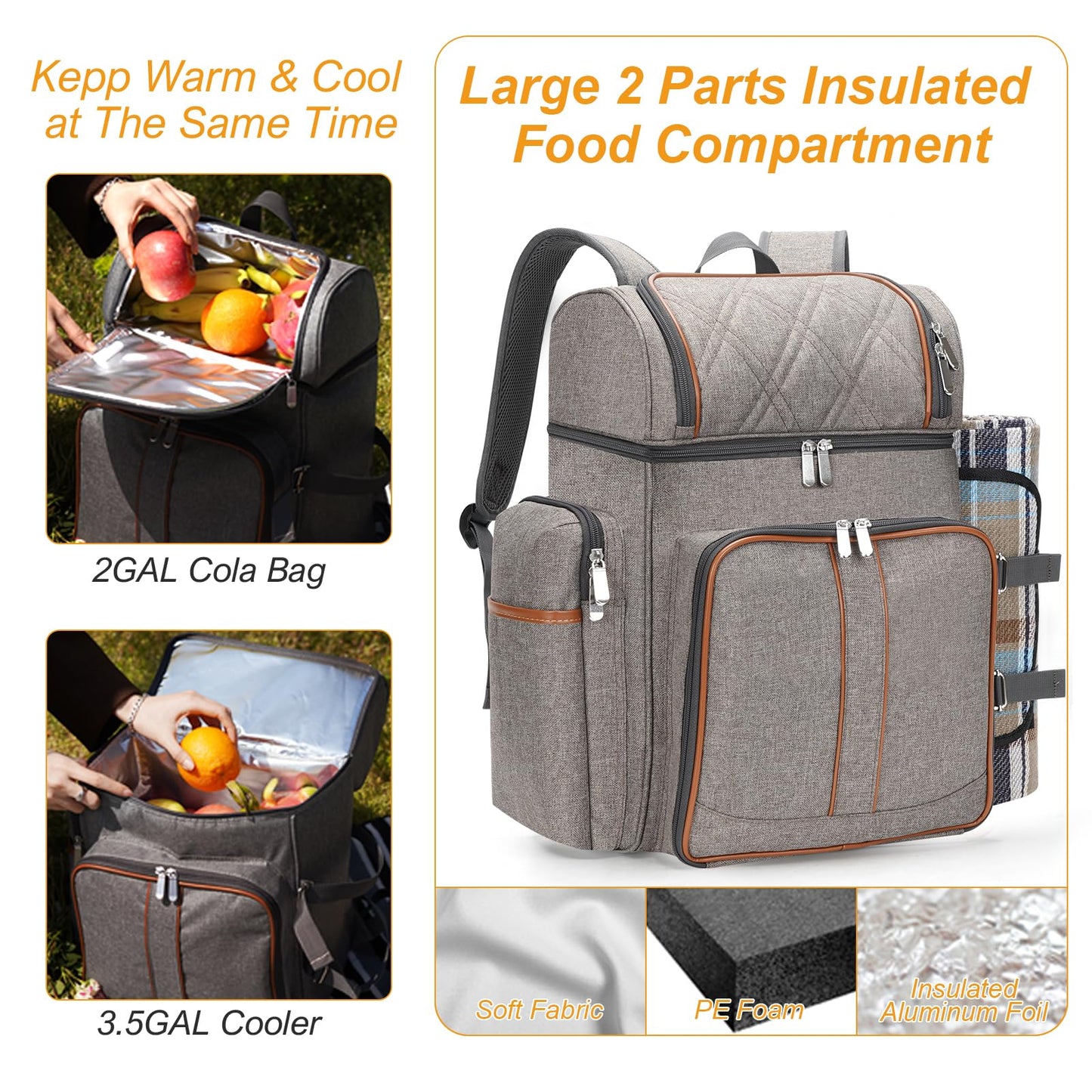 Picnic Backpack for 4, Picnic Basket Set, Leakproof Picnic Bag, Beach Cooler Backpack with Insulated Cooler Wine Pouch,Picnic Blanket, Double Deck Picnic Backpack for Beach,Camping,Park(BrushedKhaki)